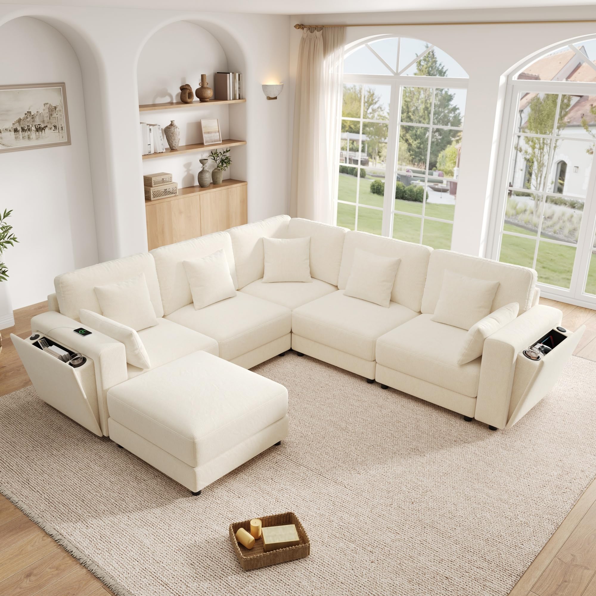 Sofá Modular en Esquina en Forma de L/U, 6 Plazas, Chenilla Gris, con Ottoman, Puertos USB y Tipo C, Portavasos, 215x215x82 cm (Beige + Chenille + 6 Seat)