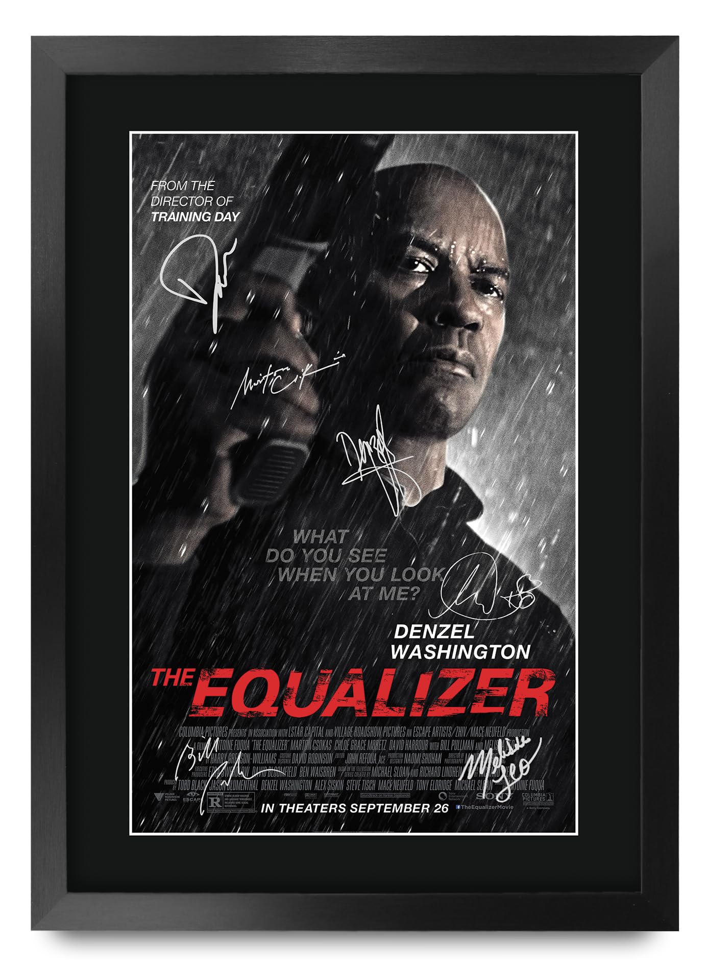 HWC Trading The Equalizer 1 Denzel Washington Geschenke Geduckter Poster Signiertes Autogramm Foto für Fans von Film Memorabilien - A3 Gerahmt
