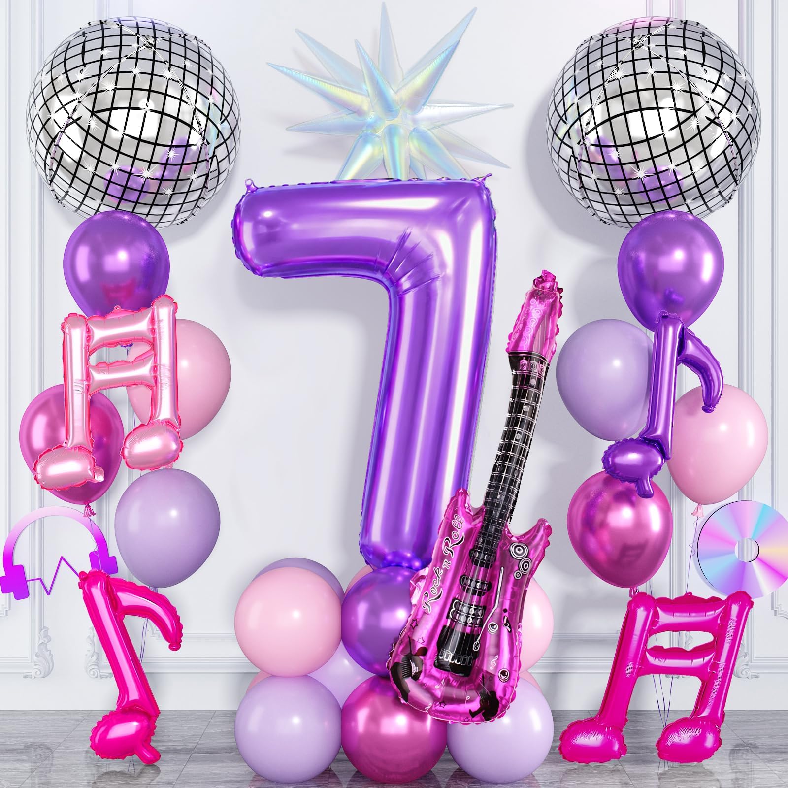 Kpop 7th Birthday Decorations for Girls, 40 Inch Purple Number 7 Balloon with Music Note Disco Ball Guitar Star Balloons, Metallic Purple Pink Balloons for 7 Year Old Birthday Music Party Decorations