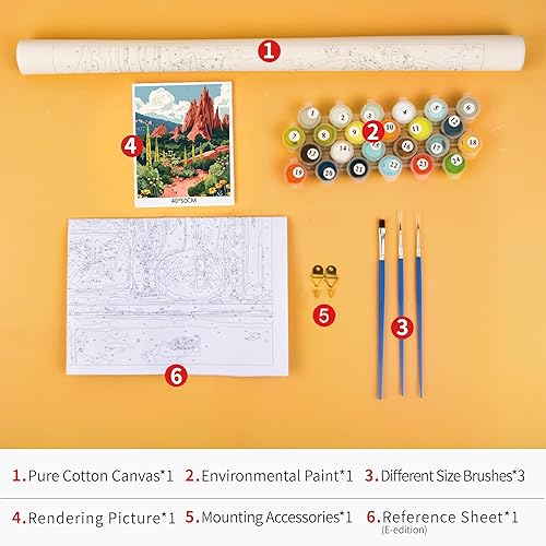 Miniatura 6 de Pintura de jardines de acuarela por números, póster de montaña, kit de pintura por números para adultos, arte retro, pintura por números, para