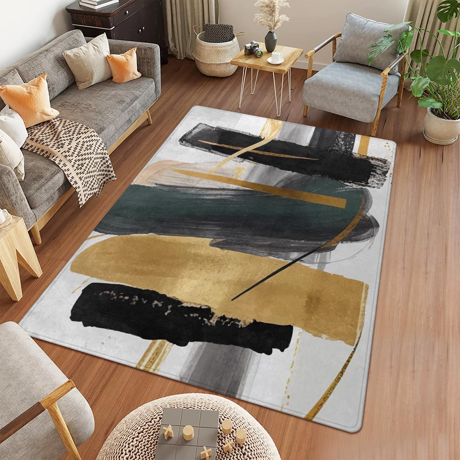 9CH Fashion Modern Area Rug 7' X 5', Abstract Art Painted Black White Gold Foil Modern Artwork Area Rug Non-Slip Carpet for Living Room Bedroom Dining Room
