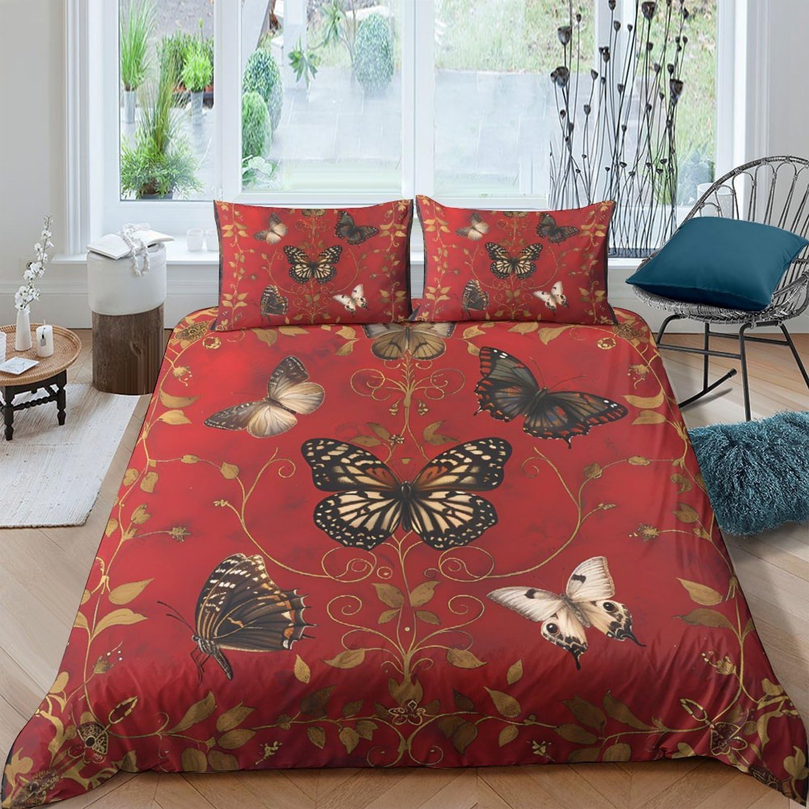 Ctjqhvkz Style-3 3D Printed Red Butterfly Fitted Sheet Microfiber Soft Breathable Botanical Bed Sheet For Bedroom Dorm Mattress Decor Single（135X200cm）