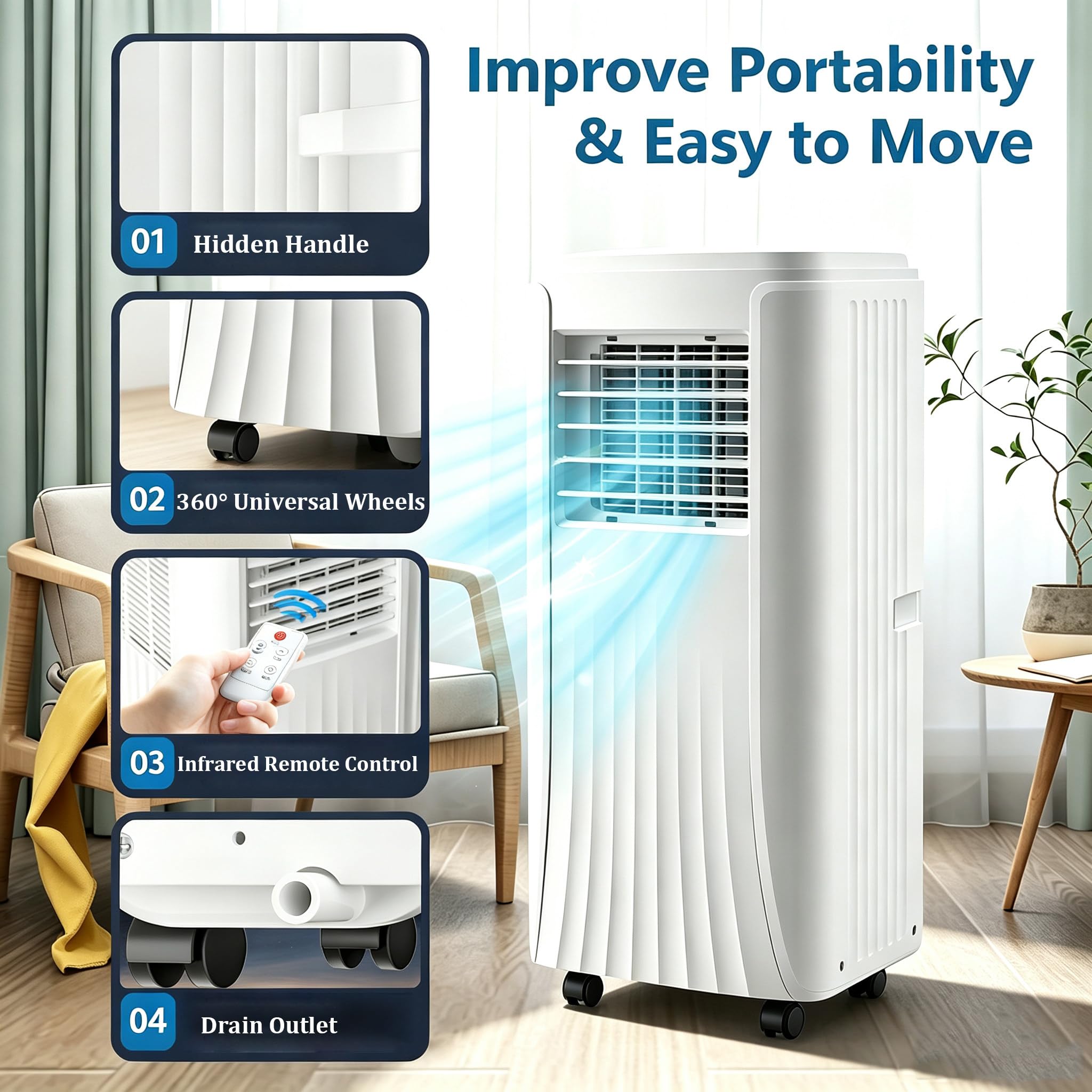 Aire Acondicionado portátil de 12 000 BTU con Modos de Ventilador y deshumidificador; 2 velocidades,Temporizador de 24 Horas y Control Remoto; 350 pies Cuadrados. 9000BTU