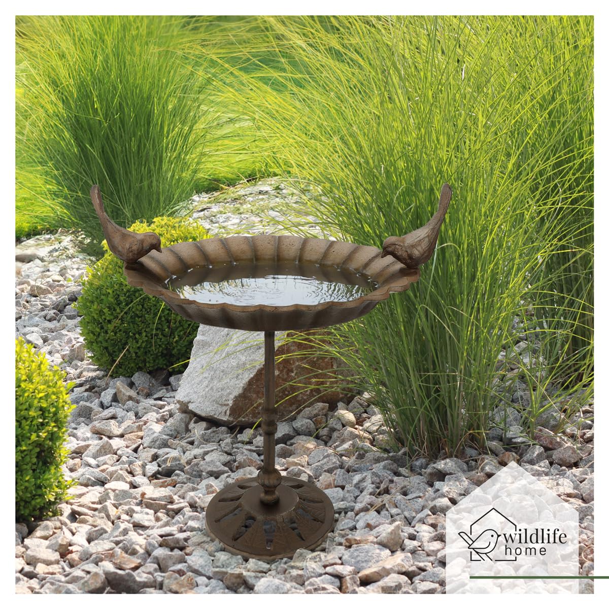 wildlife home Abreuvoir pour oiseaux debout - 41 cm de haut - Avec pied - Pour jardin, balcon - Résistant au gel - En fonte - Pour oiseaux sauvages