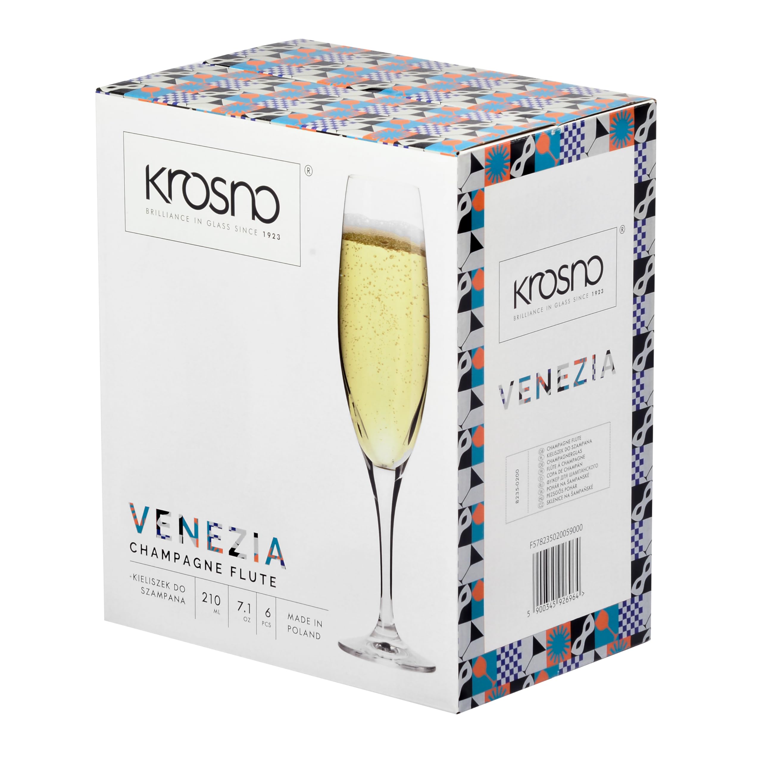 KROSNO Kryształowe Kieliszki do Szampana | Zestaw 6 Kieliszków | 210 ml | Kolekcja Venezia | Idealne do Domu, Restauracji i na Przyjęcia | Można Myć w Zmywarce