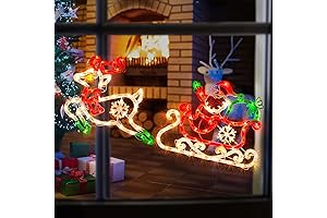 Lighted Santa in Sleigh with Reindeer Christmas Window Silhouette Decoration