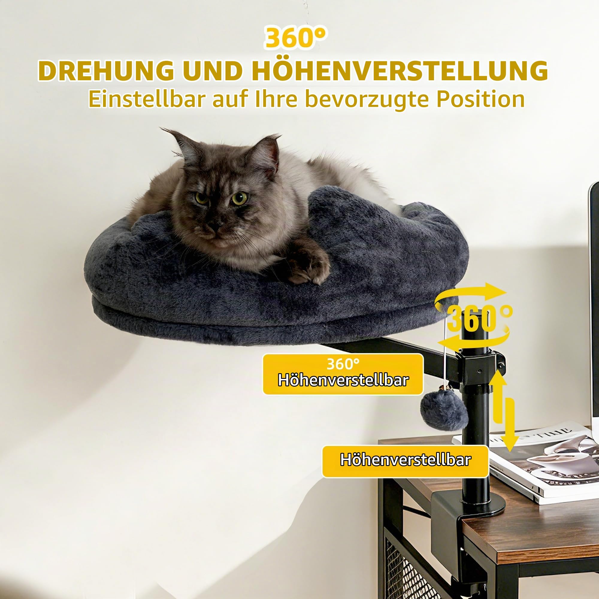 Katzenbett Schreibtisch, 360° Drehung Hängebett für Katzen Bohrfrei & Höhenverstellbar, Katzenhängematte Katzenkorb zum schlafen, Hält Kätzchen Katze nah und Arbeitsbereich (Dunkelgrau)