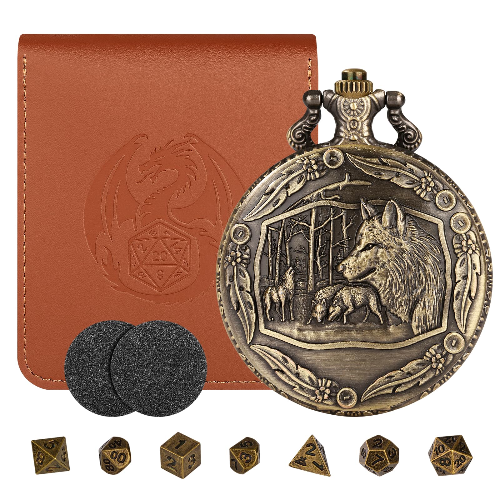Mini DND Dice Set including Bronze Steampunk Wolf Pocket Watch Shell Case, DND Gifts with Dice Bag