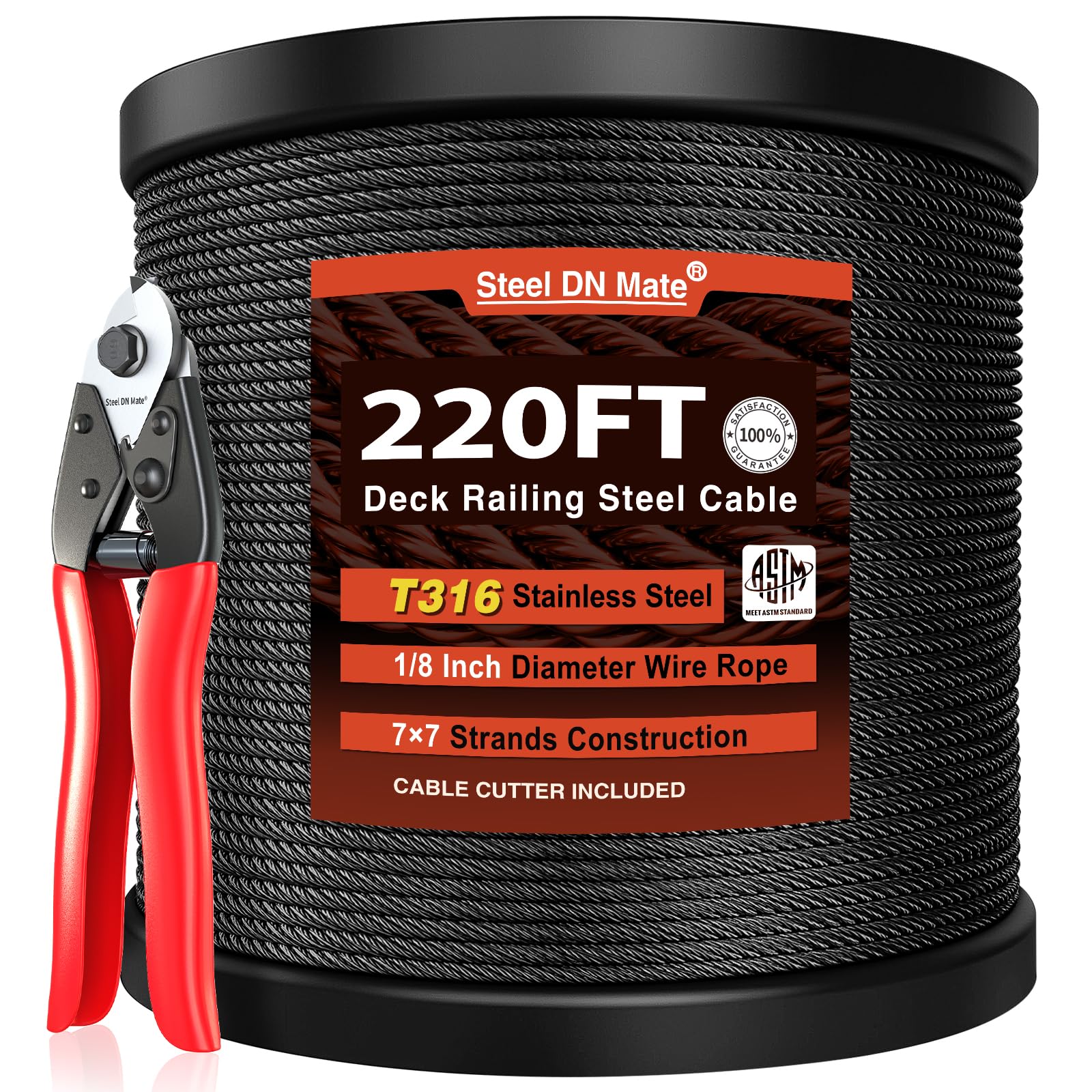 Steel DN Mate 220ft Black Wire Rope 1/8" T316L Marine Grade Stainless Steel Cable 7 × 7 Strands for Stair Fence Deck Cable Railing System, Comes with Wire Cutter
