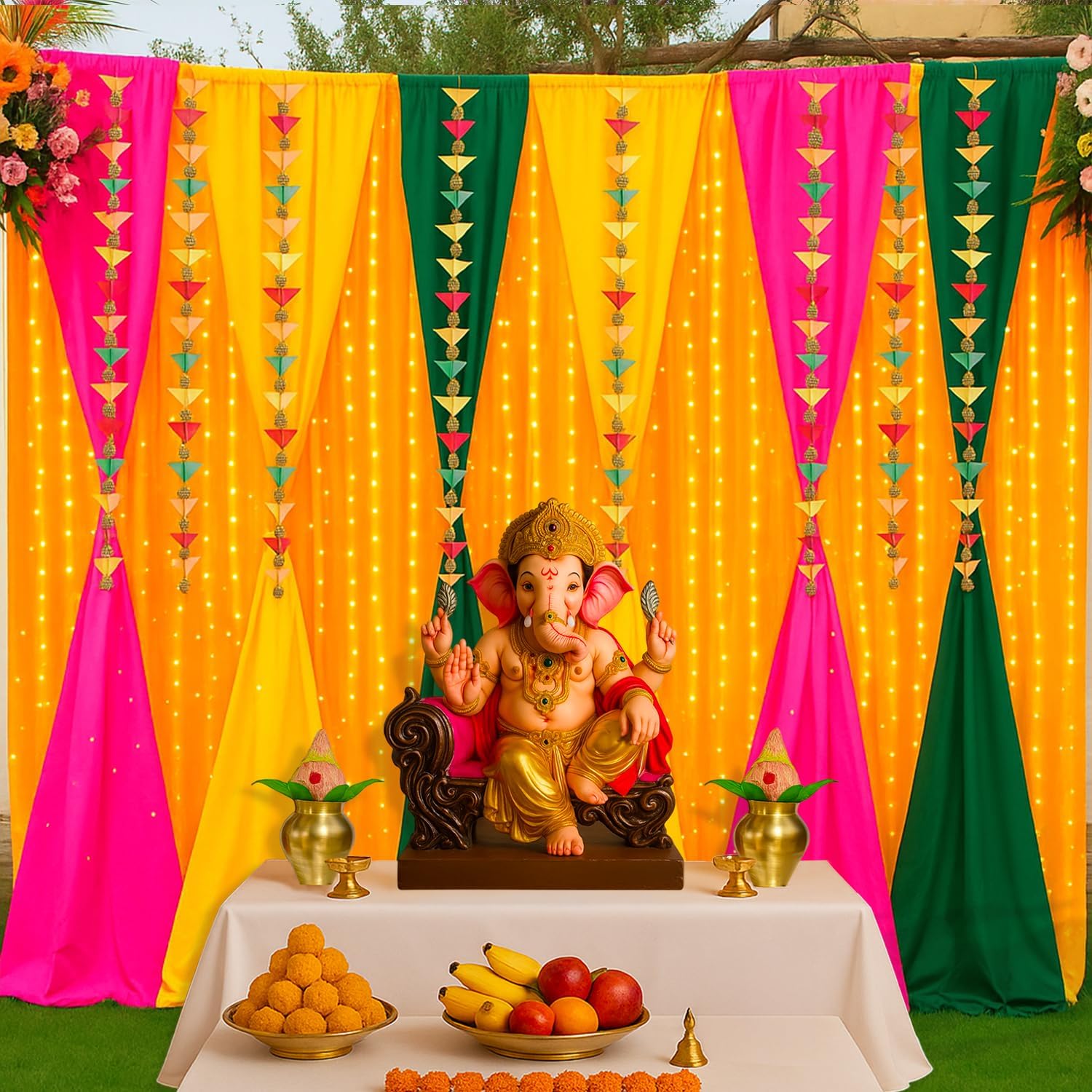 Party Propz Multicolor Backdrop For Decoration with Triangle Hanging, LED Light, Haldi Decoration Items for Home, Mehendi Decoration, Wedding Decoration, Backdrop For Pooja Decoration (Net Curtain)-image-7