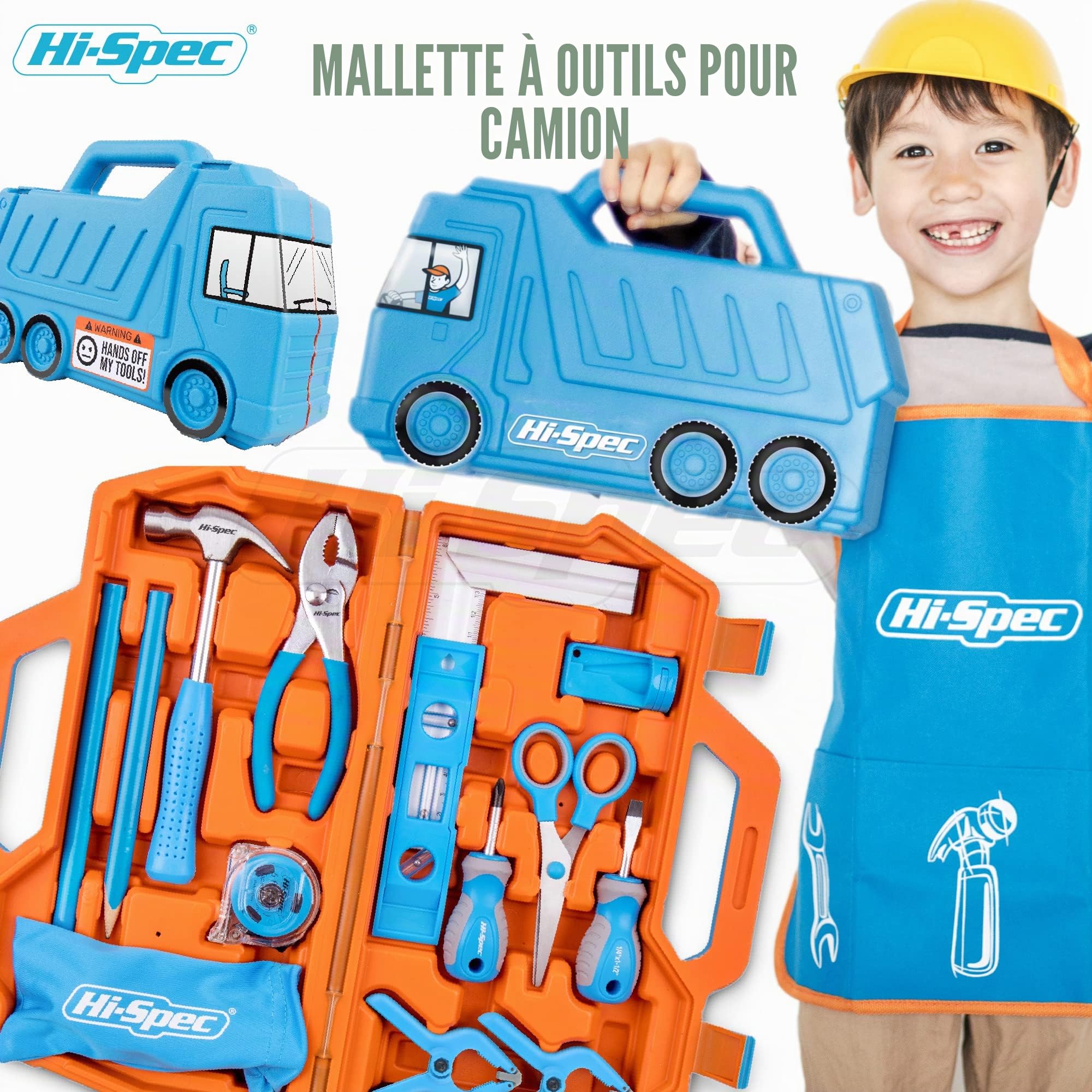 Hi-Spec Kit d'Outils Véritable pour Enfants 17 Pièces avec Mallette Camion Tablier Lunettes de Protection et Outils