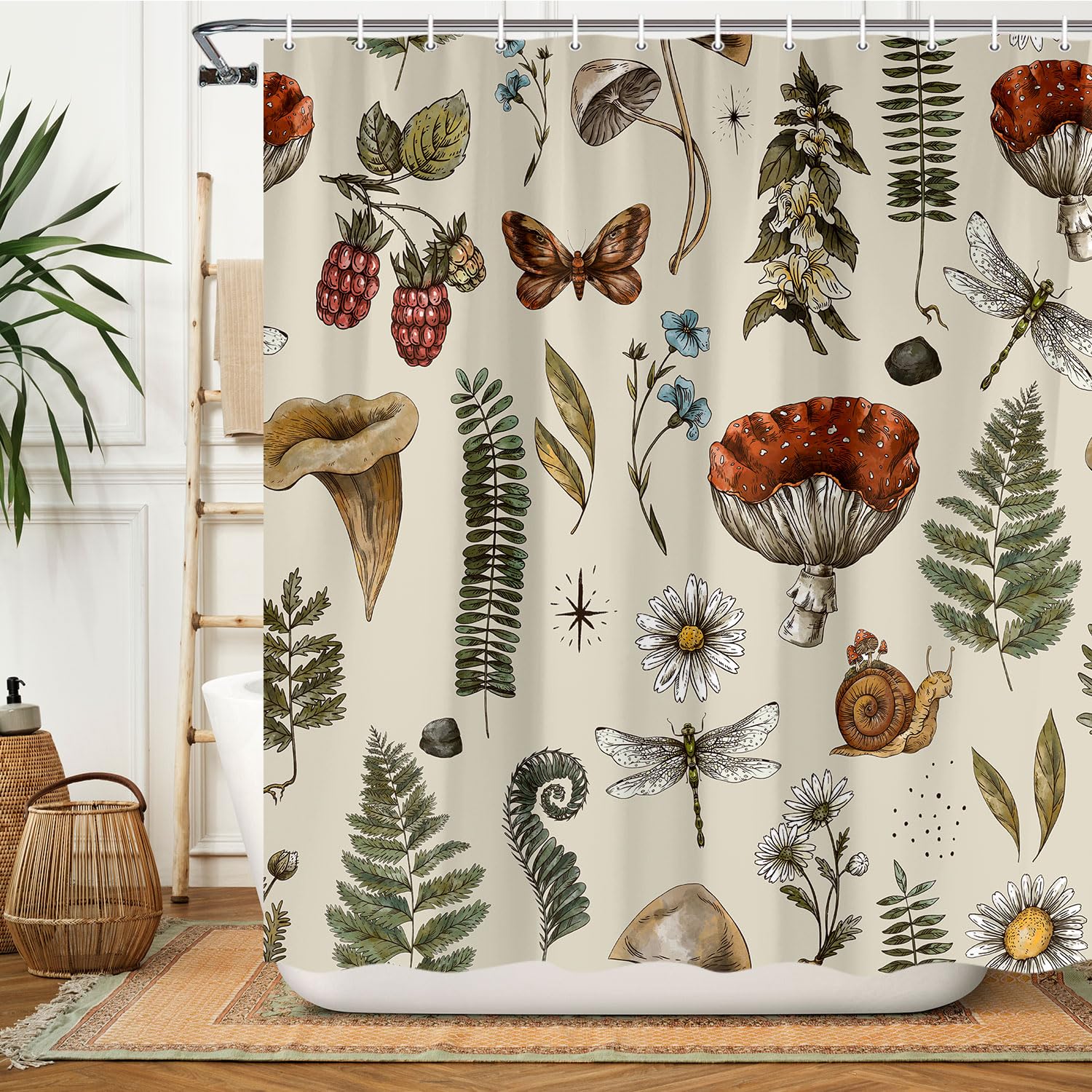 Voshin Vintage Mushroom Shower Curtain Botanical Mushroom Fern Forest Plants Fabric Shower Curtains for Bathroom Boho Shower Curtain Set with Hooks,