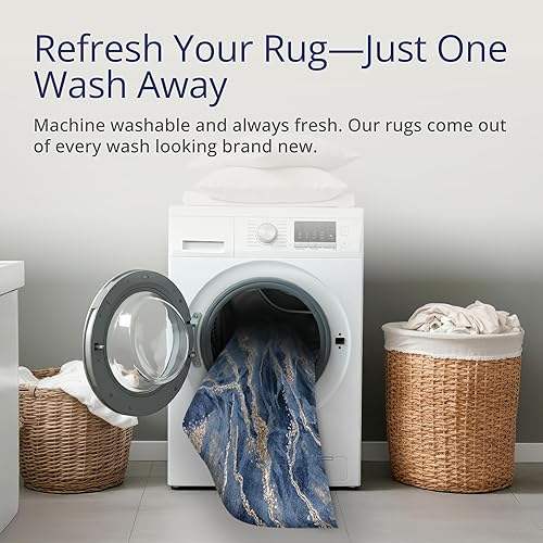 Miniatura 3 de Abani Alfombra contemporánea azul y dorado metálico de 4 x 6 pies, no se desprende, alfombra moderna con estampado de mármol para comedor