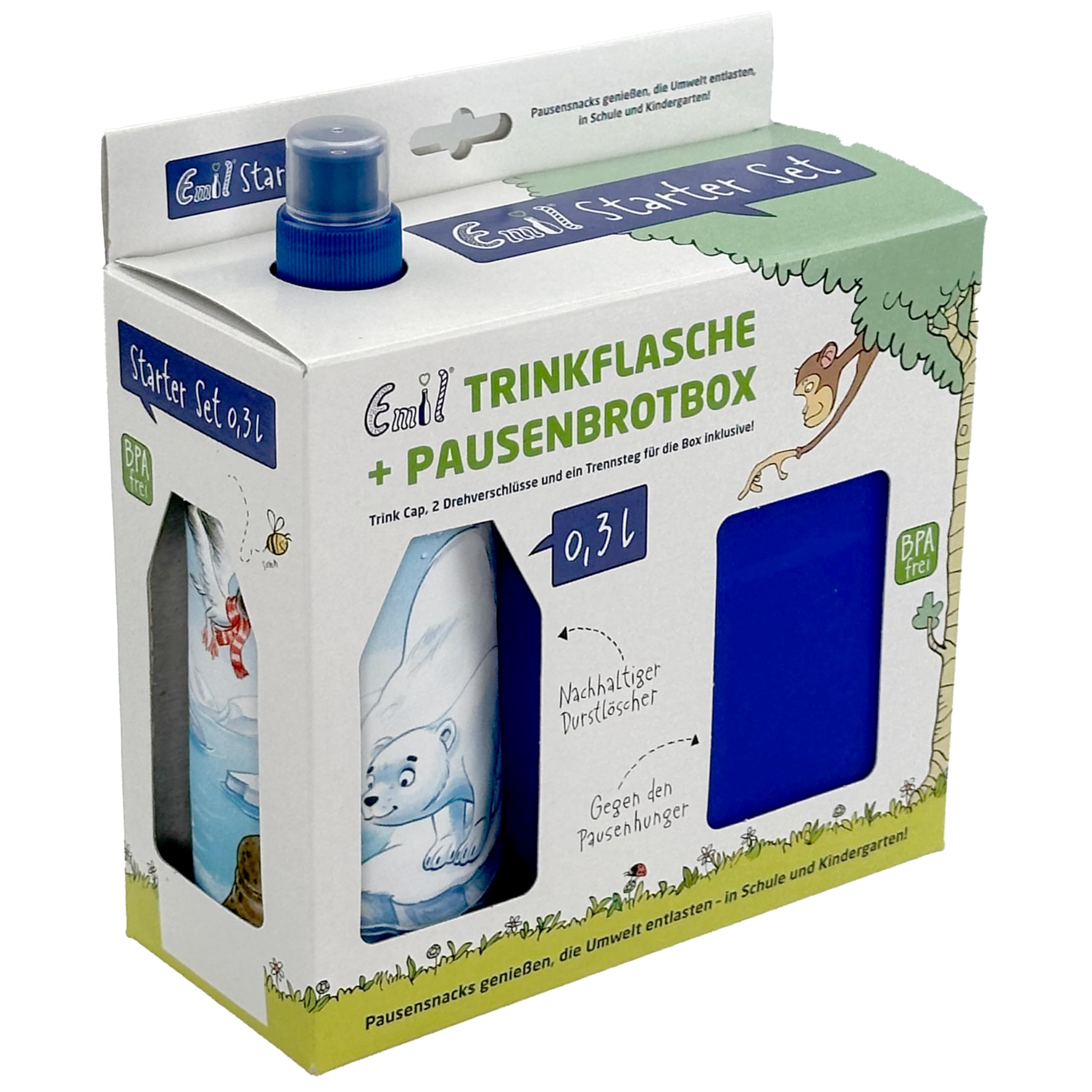 Emil Glas Trinkflasche Starterset Polarfreunde – mit Brotbox & 3 Verschlüsse, 0,3l oder 0,4l, isolierte Kinderflasche für Kita, Kindergarten & Schulstart, schadstofffrei (0,3l)