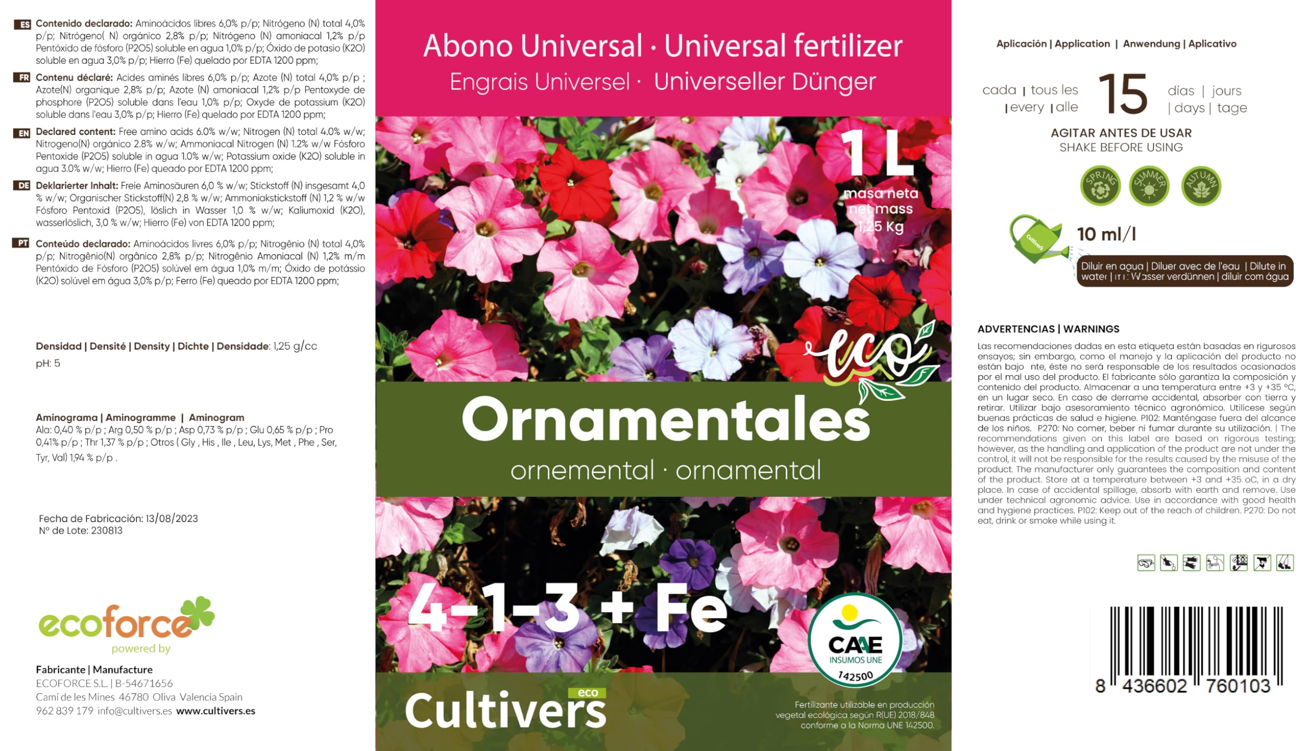 CULTIVERS Fertilizante para Plantas Ornamentales Ecológico de 10 L. Abono líquido con Aminoácidos + Quelato de Hierro. Plantas más verdes