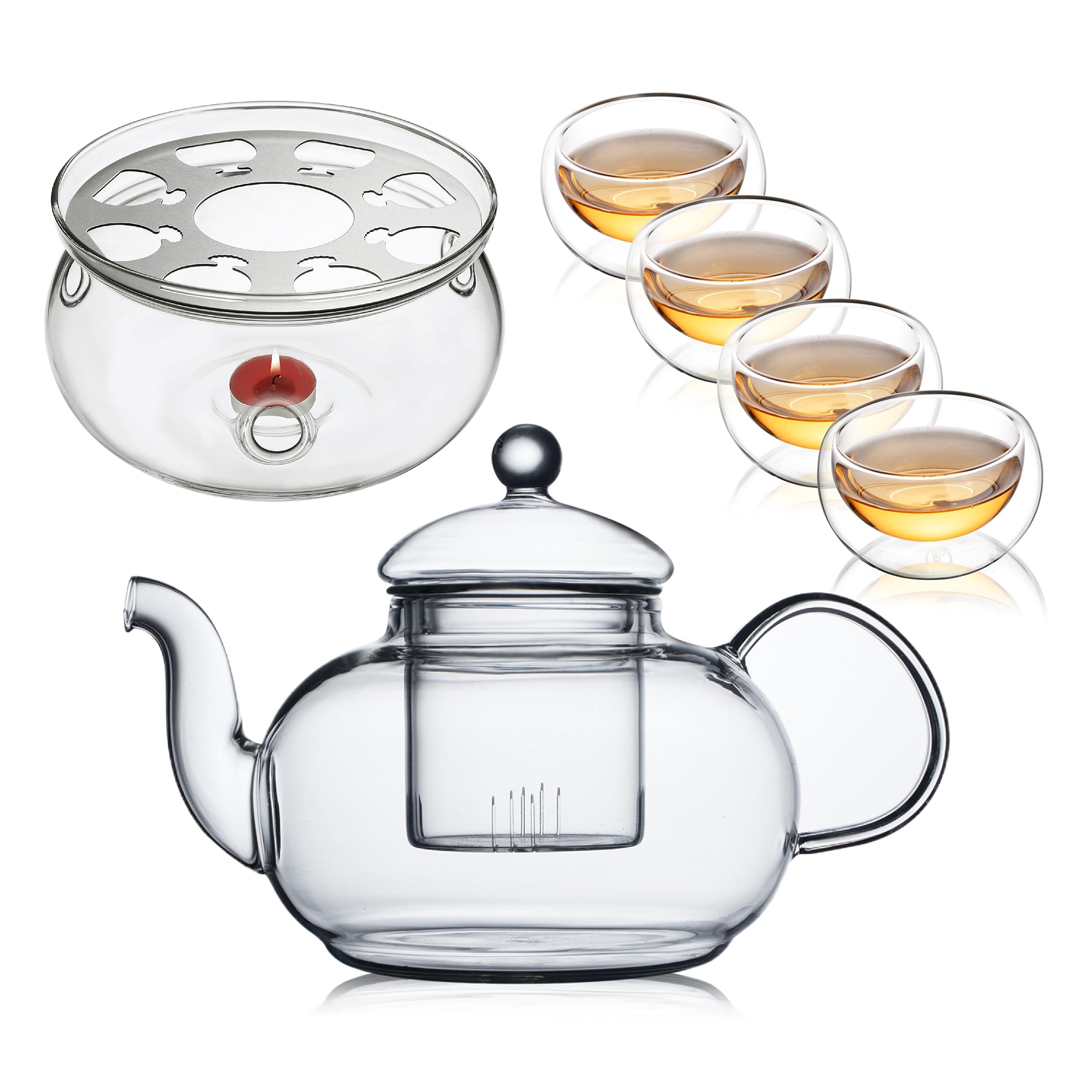 CNGLASS33.8oz Glass Teapot with Removable Infuser,Stovetop Safe Tea Kettle with 4-Pack Glass Teacups 3.4oz and Tea Warmer 5.3 in/13.5cm Diameter