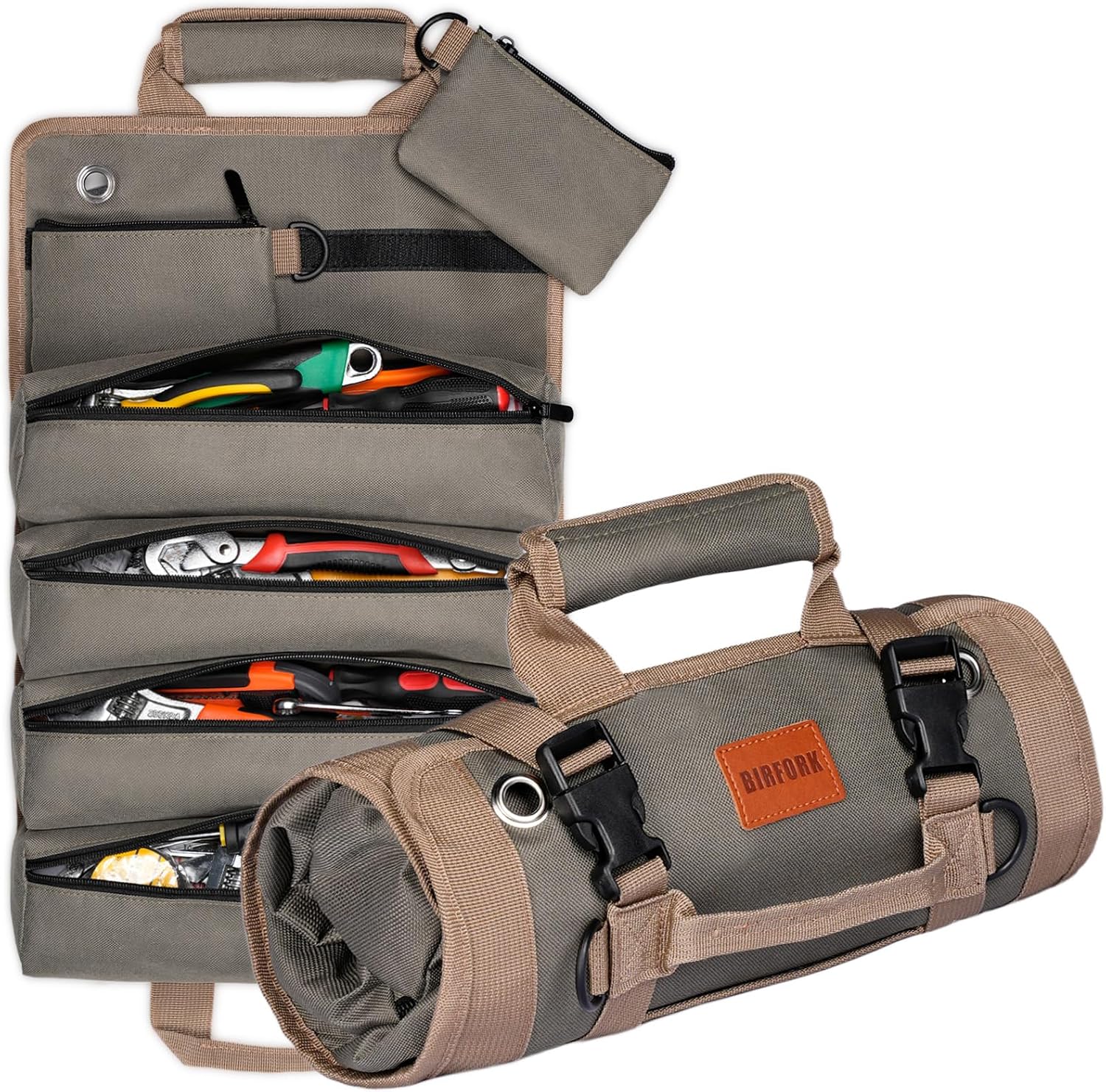 Roll Up Tool Bag, Heavy Duty Tool Organizer Bag, Portable Tools Bag with 6 Tool Pouches for Mechanics, Electricians, DIY Projects, Gifts for Men Dad Husband (Army Green)