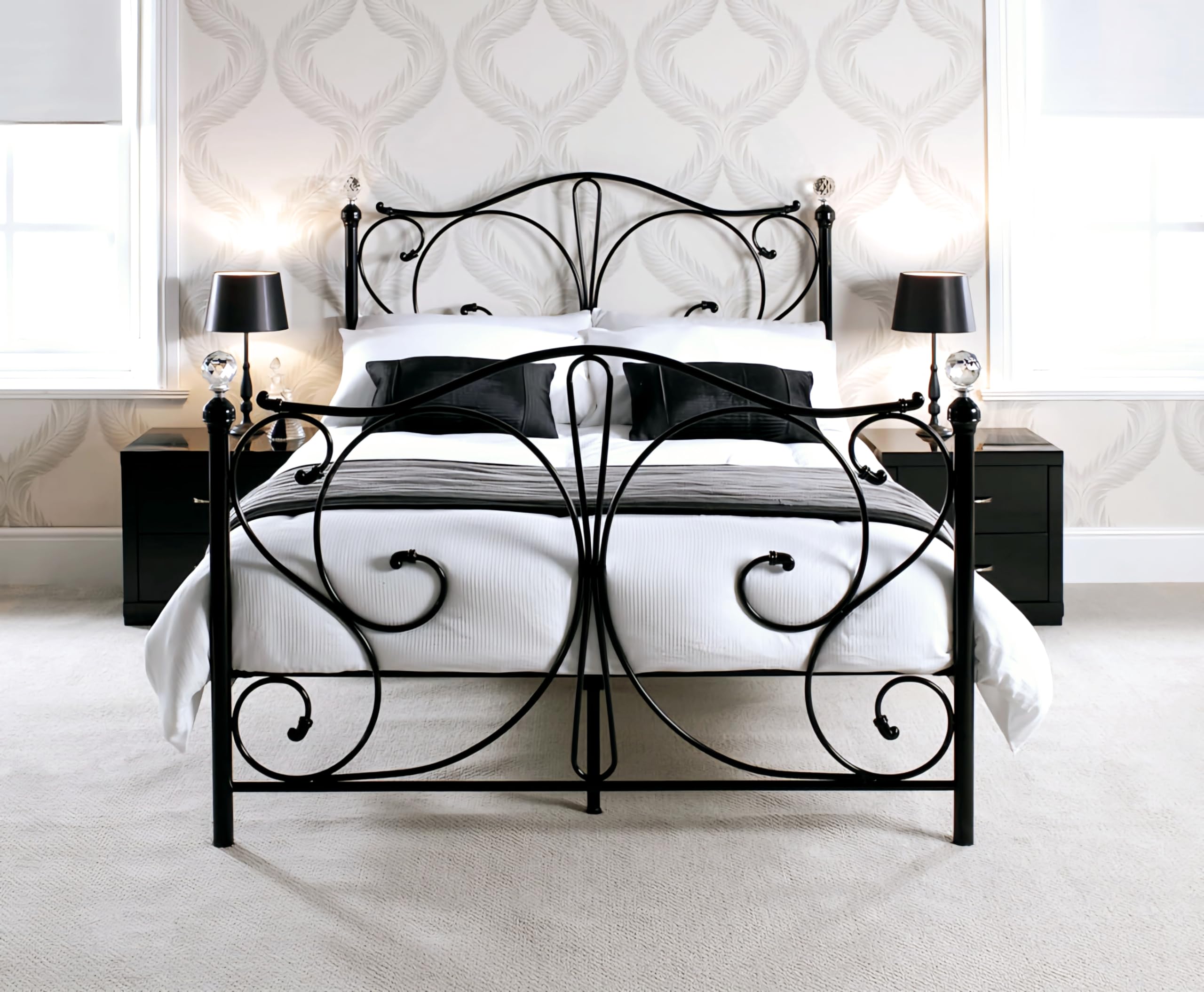 Luxury Solid Metal Bed with Crystal Finials - 4ft6 Double - Easy Assembly - Sturdy - Black or White (Black)