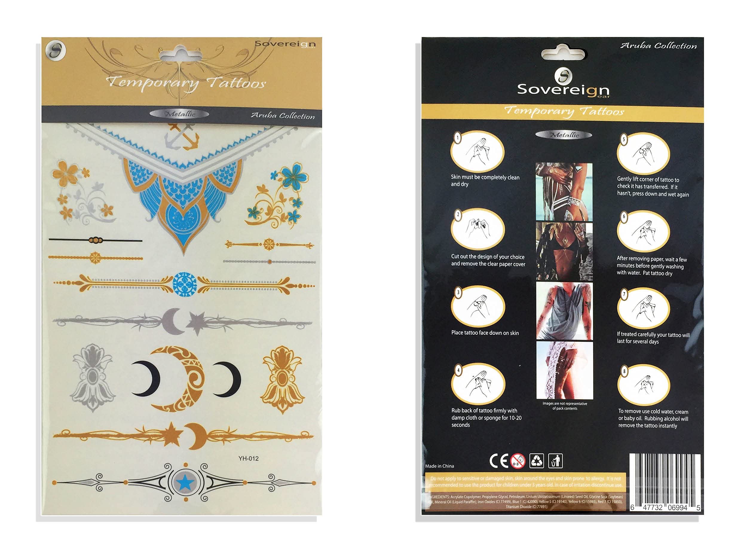 Metallic Temporary Tattoos for Women Teens Girls 8 Sheets Gold Silver