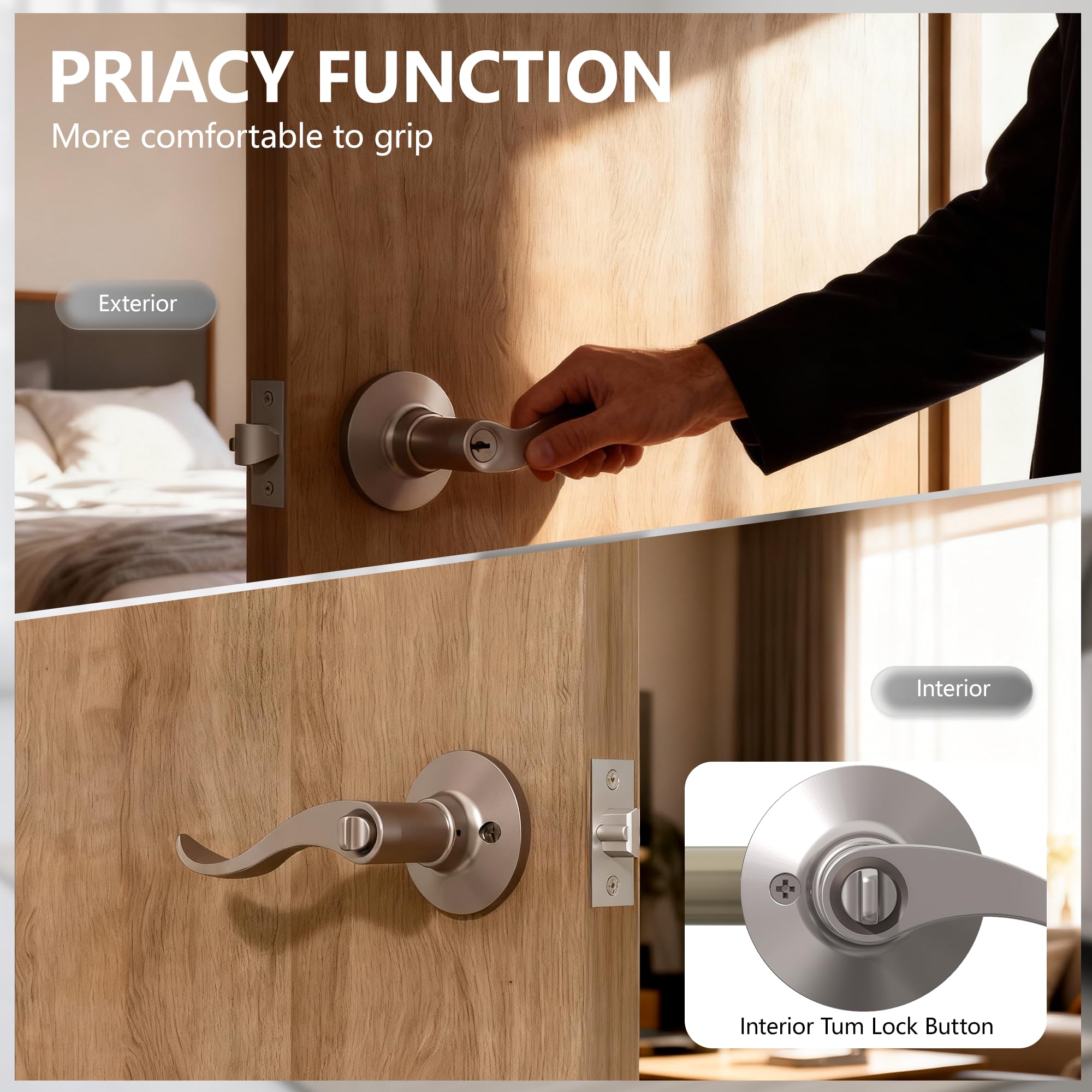 Cerraduras de puerta para puerta delantera, paquete de 6 pomos para puerta exterior, níquel satinado, manija de puerta estándar con cerradura de puerta de entrada con llaves