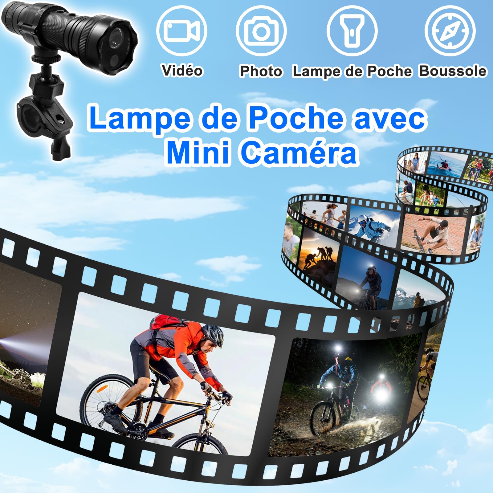 Camera Sport 1080P 120° avec Lampe, 2600mAh 11h Autonomie