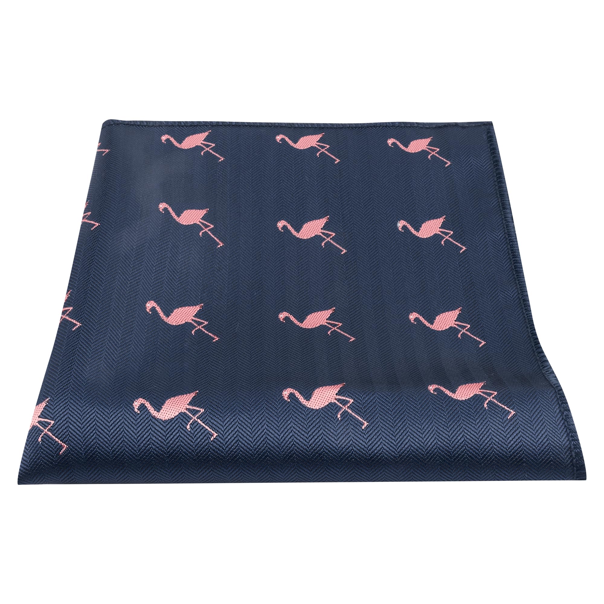 King & Priory Flamingo Navy Blue Herringbone Embroidered Pocket Square, Handkerchief
