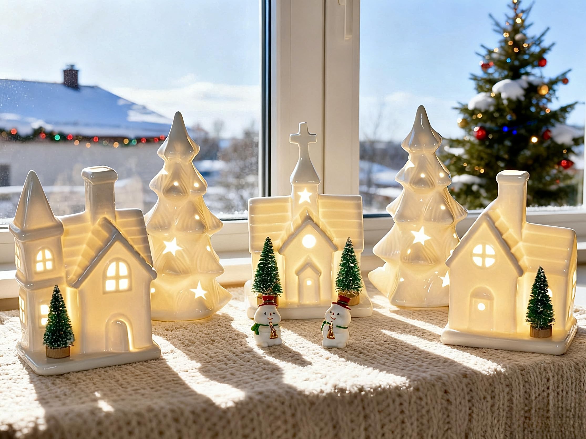 Weihnachtsdorf aus Keramik, Weiß, 11 Stück, inklusive 3 beleuchteten Porzellanhäusern, 2 LED-Weihnachtsbäumen, 4 Mini-Bäumen und 2 Schneemann-Figuren – LED-Urlaubs-Tischdekoration für den Winter