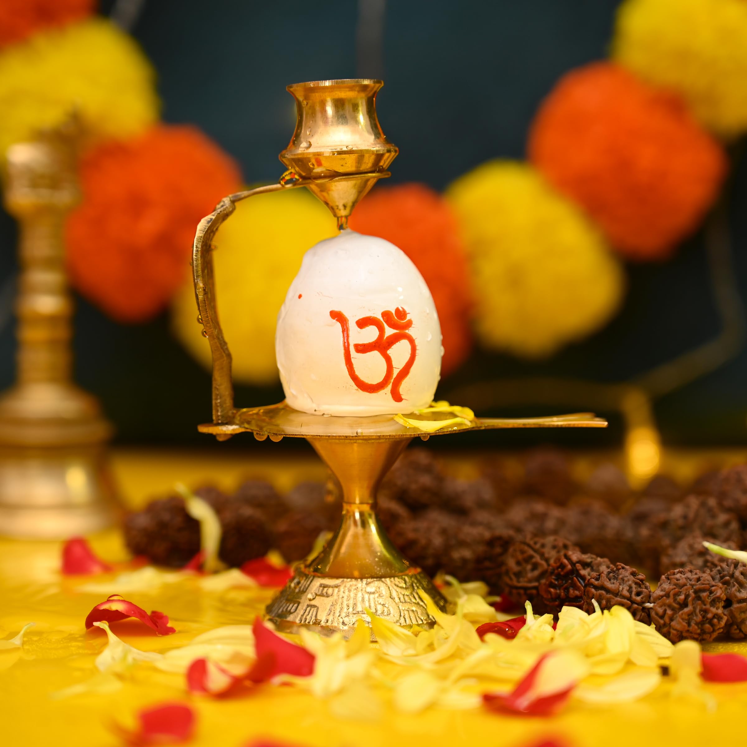 Shivling Idol Brass Jal Abhishek Stand White Puja Patra Lota with Trishul and Nag Nagraj Statue God Figurine for Hindu Pooja Temple Decor and Gifting (White Om Shivling with lota and stand) - Image 2