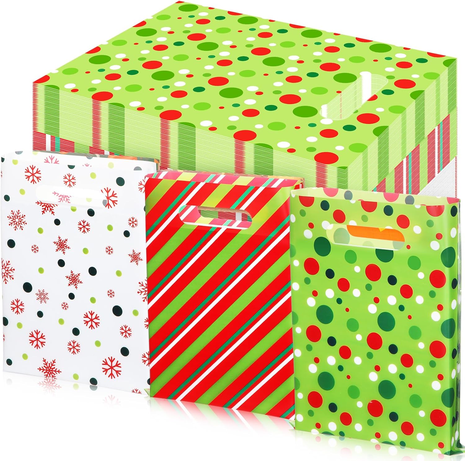 Cholemy 120 Pcs Christmas Merchandise Bags Bulk Christmas Plastic Bags 8'' x 10'' Xmas Favor Gift Bag Xmas Party Favor Bag with Handle for Shopping Holiday Boutique Treat (Vivid)