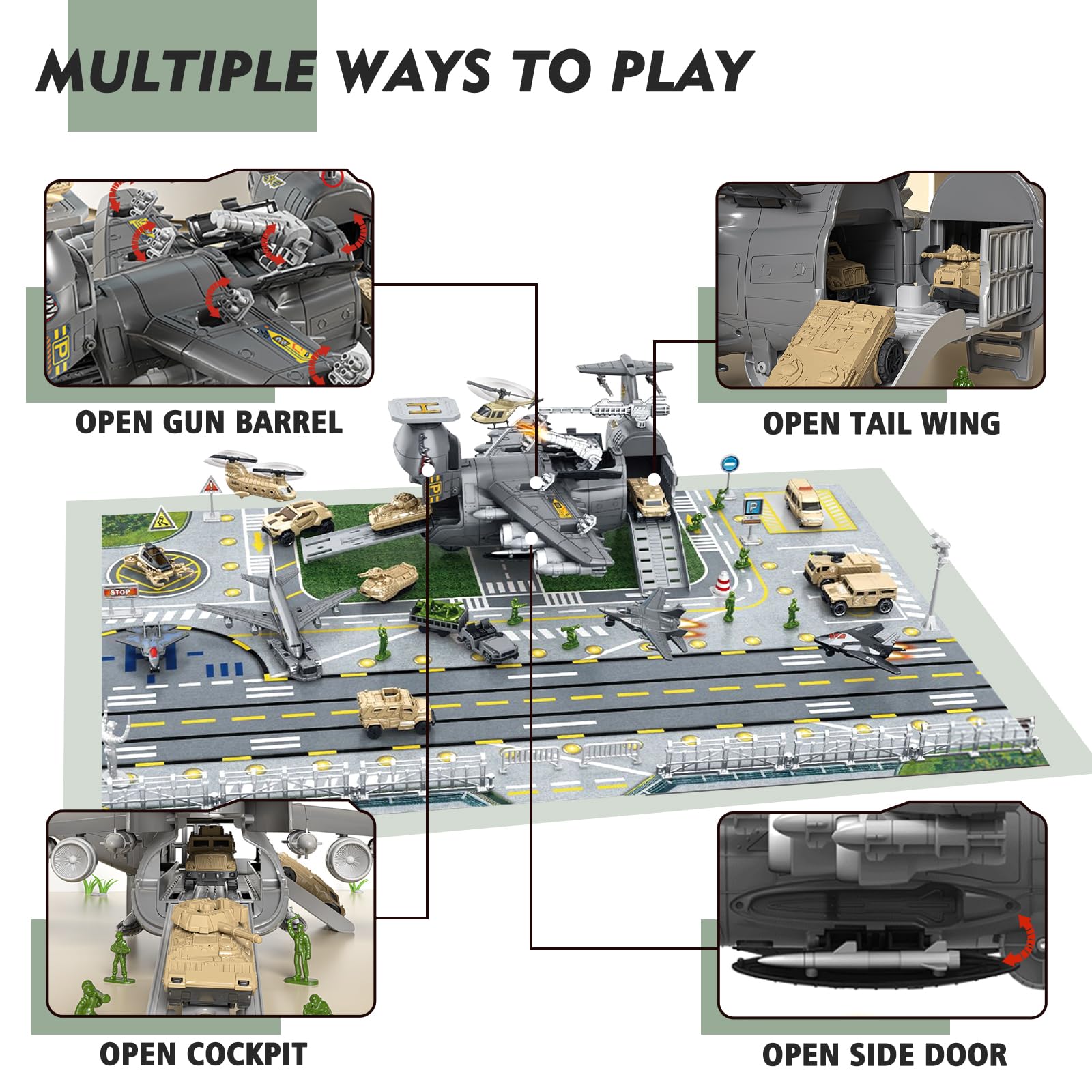 Set di Giocattoli Aereo da Trasporto Cargo Militare, Auto, mini veicolo da combattimento, soldato, elicottero, modello di aereo, Kit giocattolo per veicoli militari, mappa di gioco per bambini età 3+
