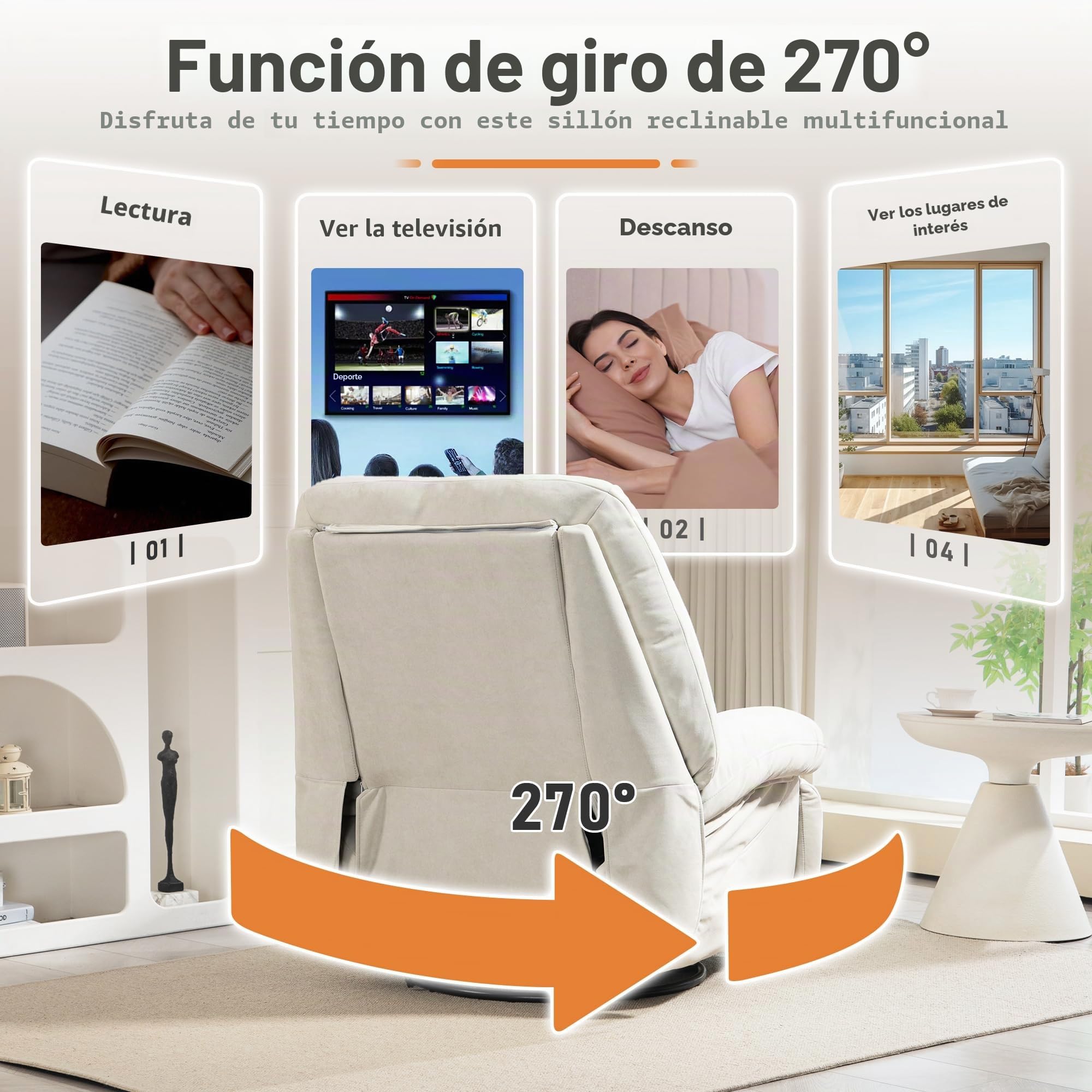 Sillón de Relax eléctrico de Masaje,calefacción, vibración, Masaje, sillón Giratorio, con Puertos Tipo C y USB, 1 Bolsillo Lateral, sillón reclinable para TV, salón (Blanco)