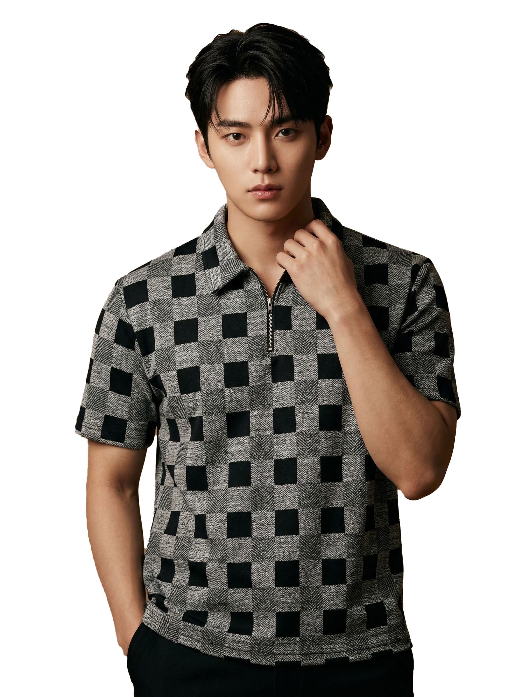 Men’s Checkered Zip Neck Polo T-Shirt – Premium Polyester Blend Fabric, Comfortable Round Neck Design, Casual & Stylish Everyday Wear for All Seasons-picture-46