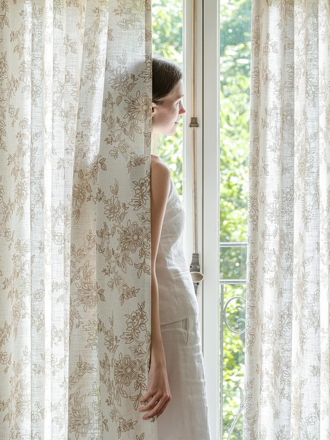 Pinch Pleated Sheer Floral Curtains - Luxury Linen Blend Light Filtering Beige Drapes for Bedroom Living Room - 84" Farmhouse Boho Printed Panels with Hooks - 2 Panels Set