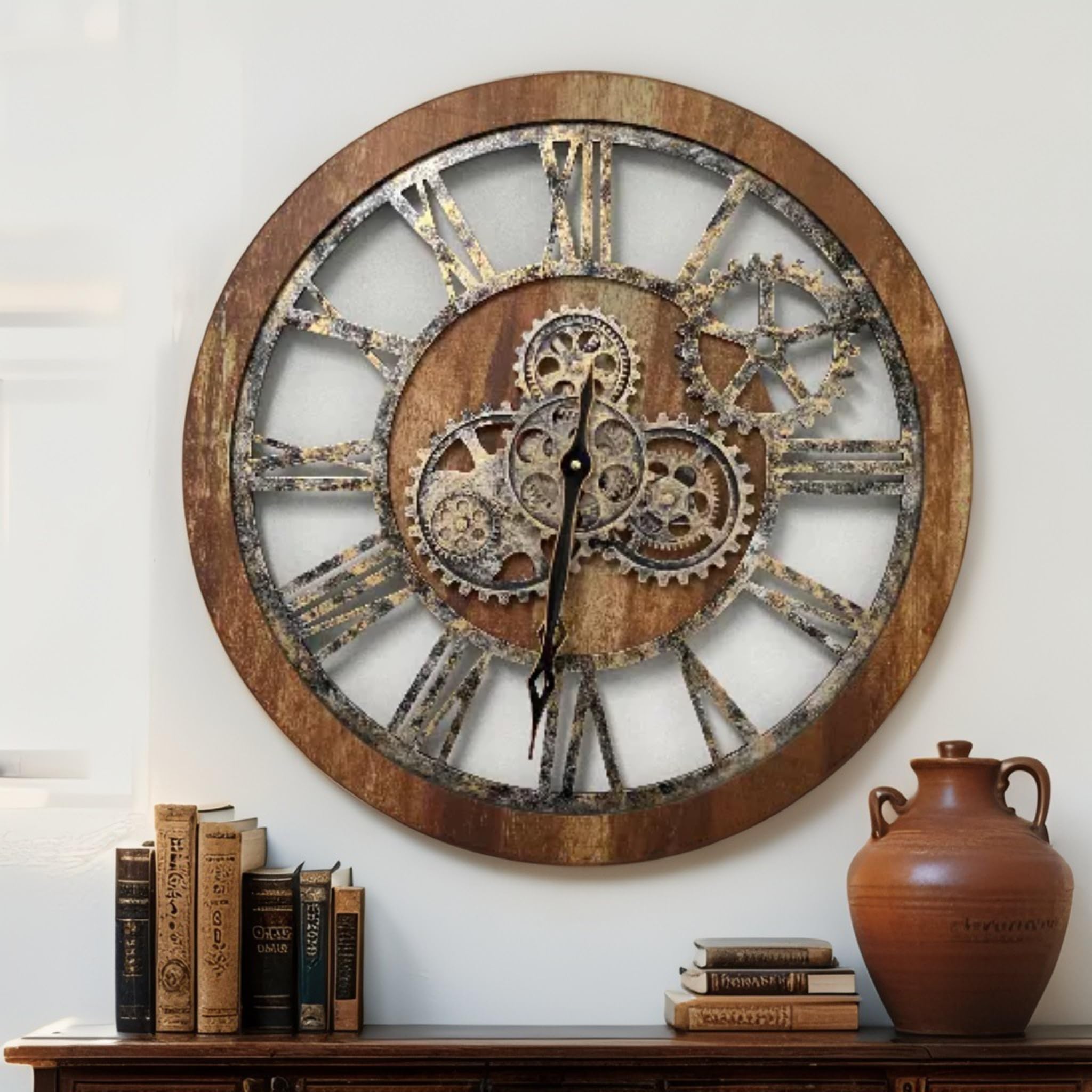 The Gears Clock Horloge Murale Originale à Engrenages Mobiles Style Vintage Industriel surdimensionné Rustique (60 cm, Marron Vintage)