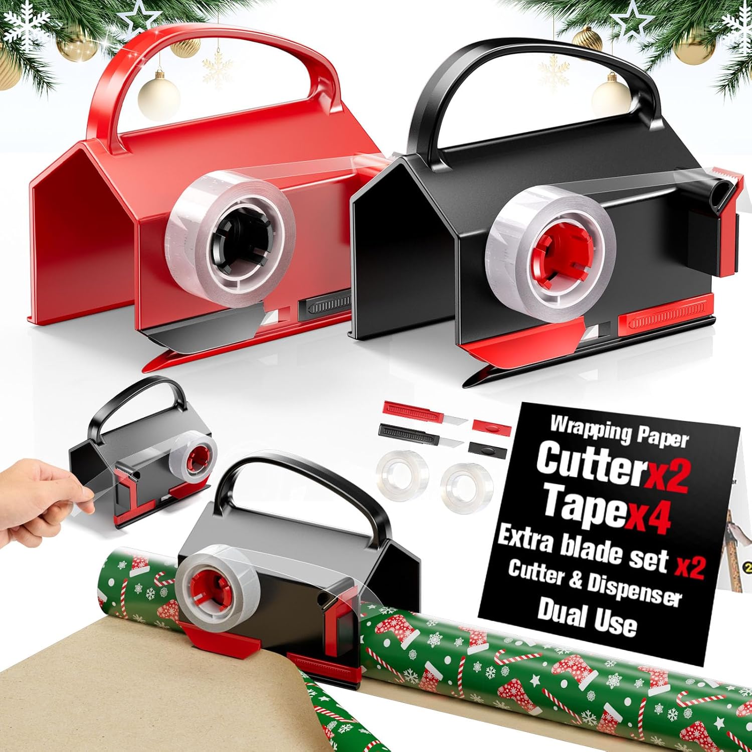 2 Pack Wrapping Paper Cutter & Tape Dispenser Dual Use, Gift Wrap Cutter Tool for Rolls Paper with 4 Tapes & 2 Replace Blades Kit for Christmas Birthday, Easy Cut for Present Wrapping Black