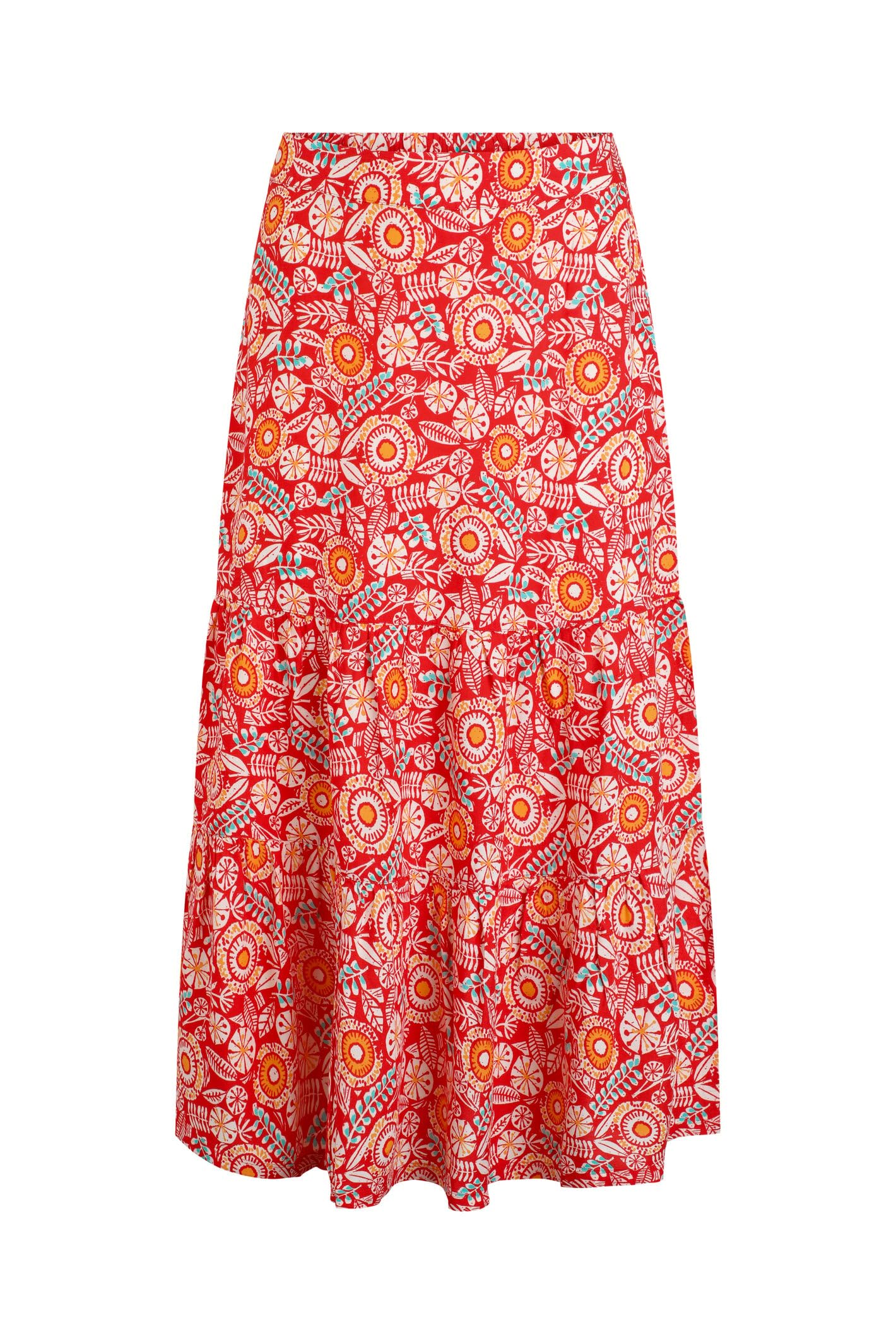 Weird Fish Women's Dark Red Cassis Printed Tiered Skirt In | Size: 14