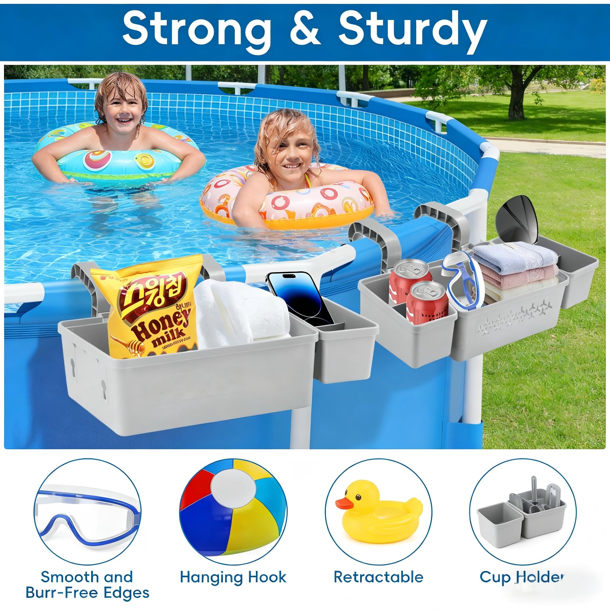 Pool Aufbewahrungskorb Set inkl, Getränkehalter & Haken – Multifunktionales Pool Zubehör & Gadgets für Spaß, Universelle Passform für Oberirdischen Pool