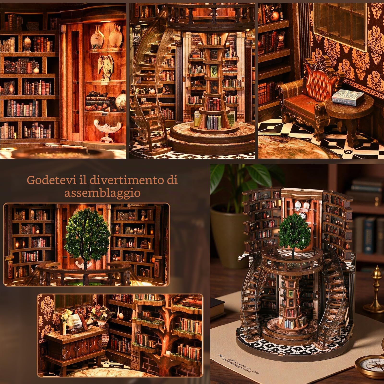 Book Nook Kit-Miniature del Biblioteca dei Wisdom Rings, puzzle in legno 3D fai da te con LED Case delle Bambole, set fai da te per adulti, Idea Regalo Creativa,decorazione per libreria
