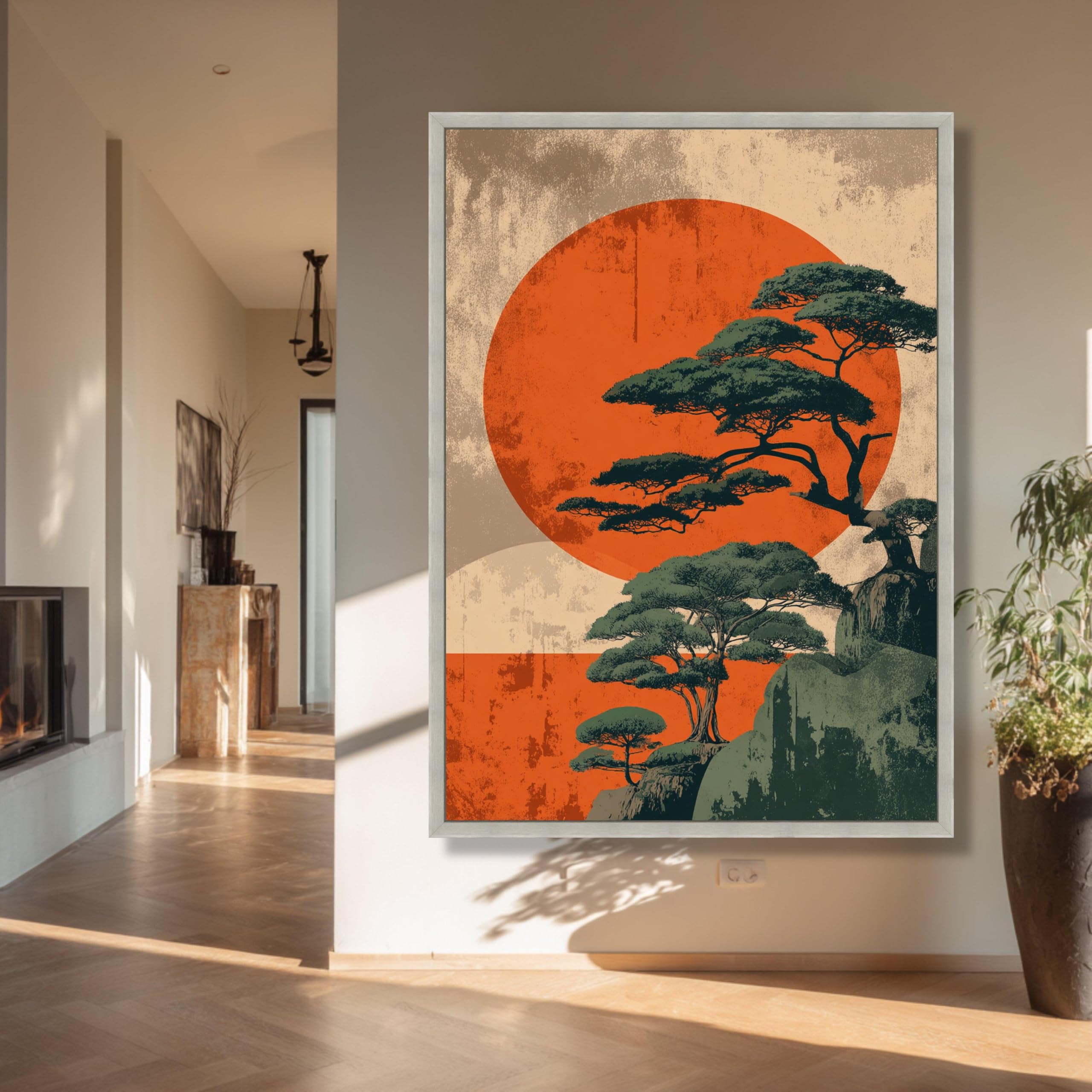 LMYCHENG Pintura al óleo de majestuosos bonsáis, lienzo con estampado de puesta de sol, arte mural japonés oriental para sala de estar, decoración de pared para el hogar (80x120cm/marco interno)