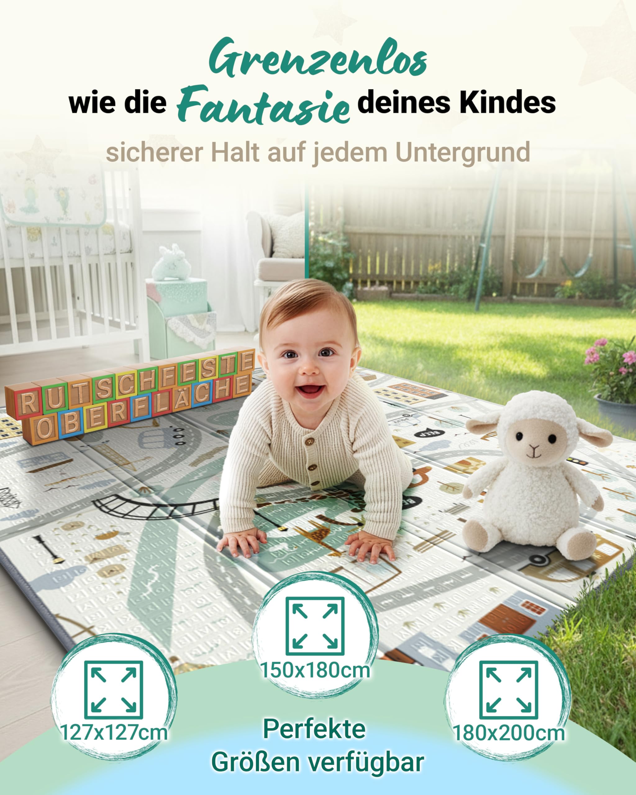 RAWVEL Krabbelmatte baby faltbar [127x127cm / 1cm Dick] Spielmatte Baby faltbar [100% BPA-Frei] Spielmatte Kinder Playmat krabbeldecke Doppelseitig | 2-in-1 Montessori Design | + Tragetasche