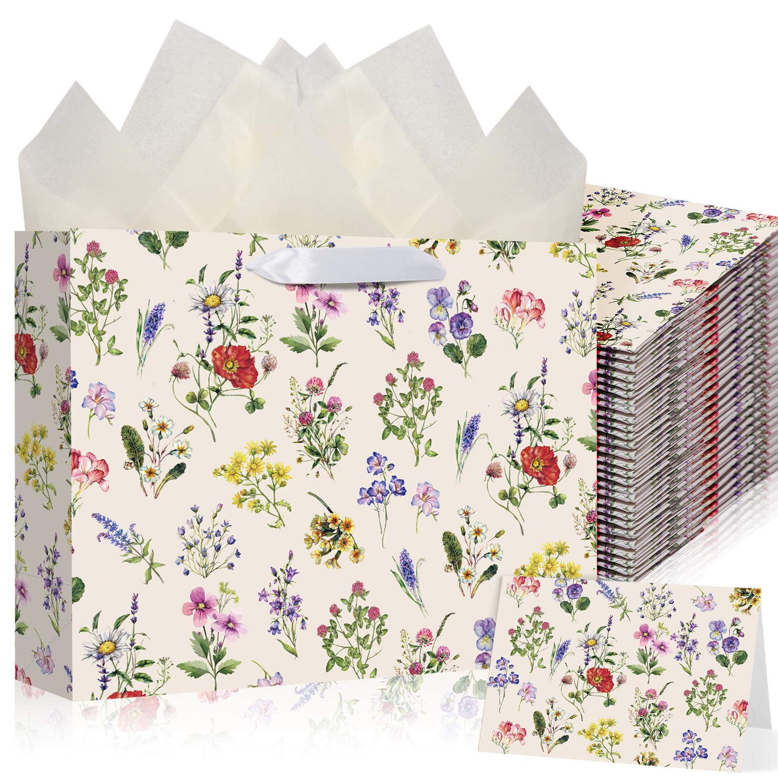 Maitys 12 Pack 12.6" Large Wildflower Gift Bags with Tissue Papers and Greeting Cards Elegant Flowers Floral Gift Wrapping Bags for Wedding Bridal Showers Birthday Baby Shower Party Decorations