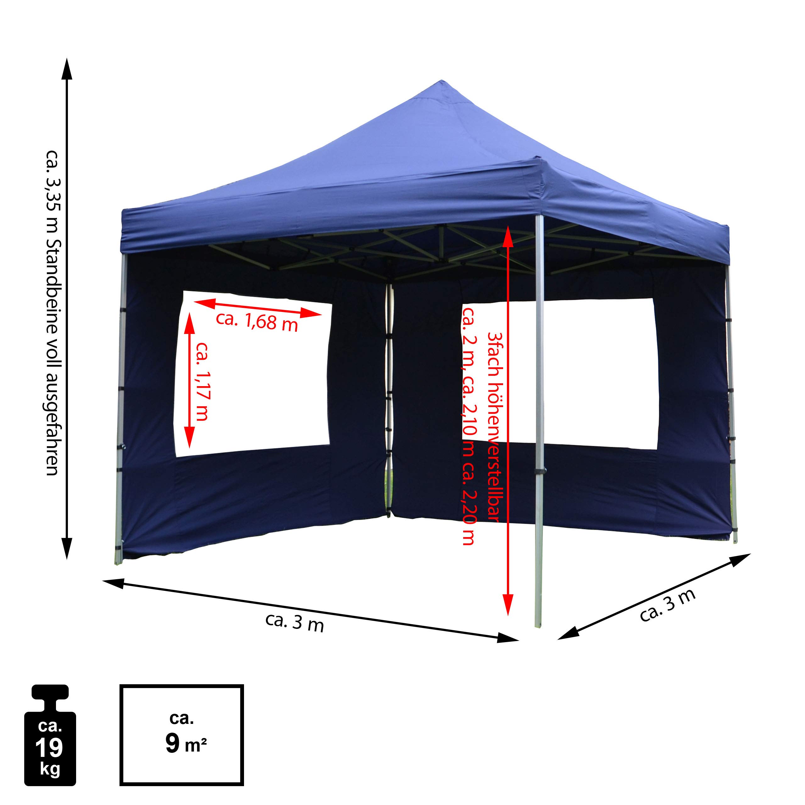 Nexos Hochwertiger Falt-Pavillon Partyzelt mit 2 Seitenteilen PROFI Ausführung für Garten Terrasse Feier Markt als Unterstand Plane wasserdichtes Dach 3 x 3 m blau