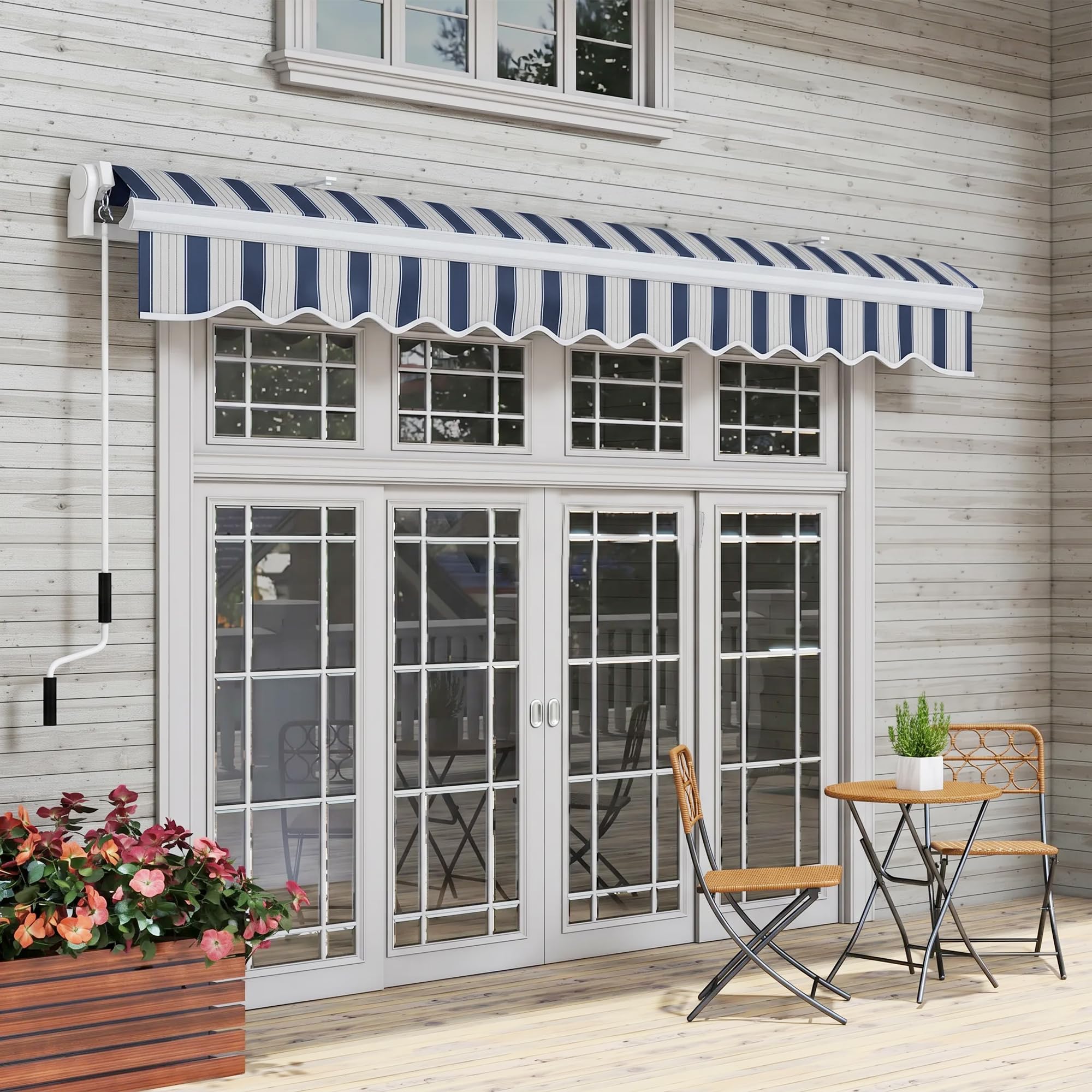Outsunny Tenda manuale retrattile, 395 x 245 cm, tenda da sole esterna con angolo regolabile, braccio articolato, montaggio a parete, struttura in alluminio, anti-UV e impermeabile, per giardino, blu