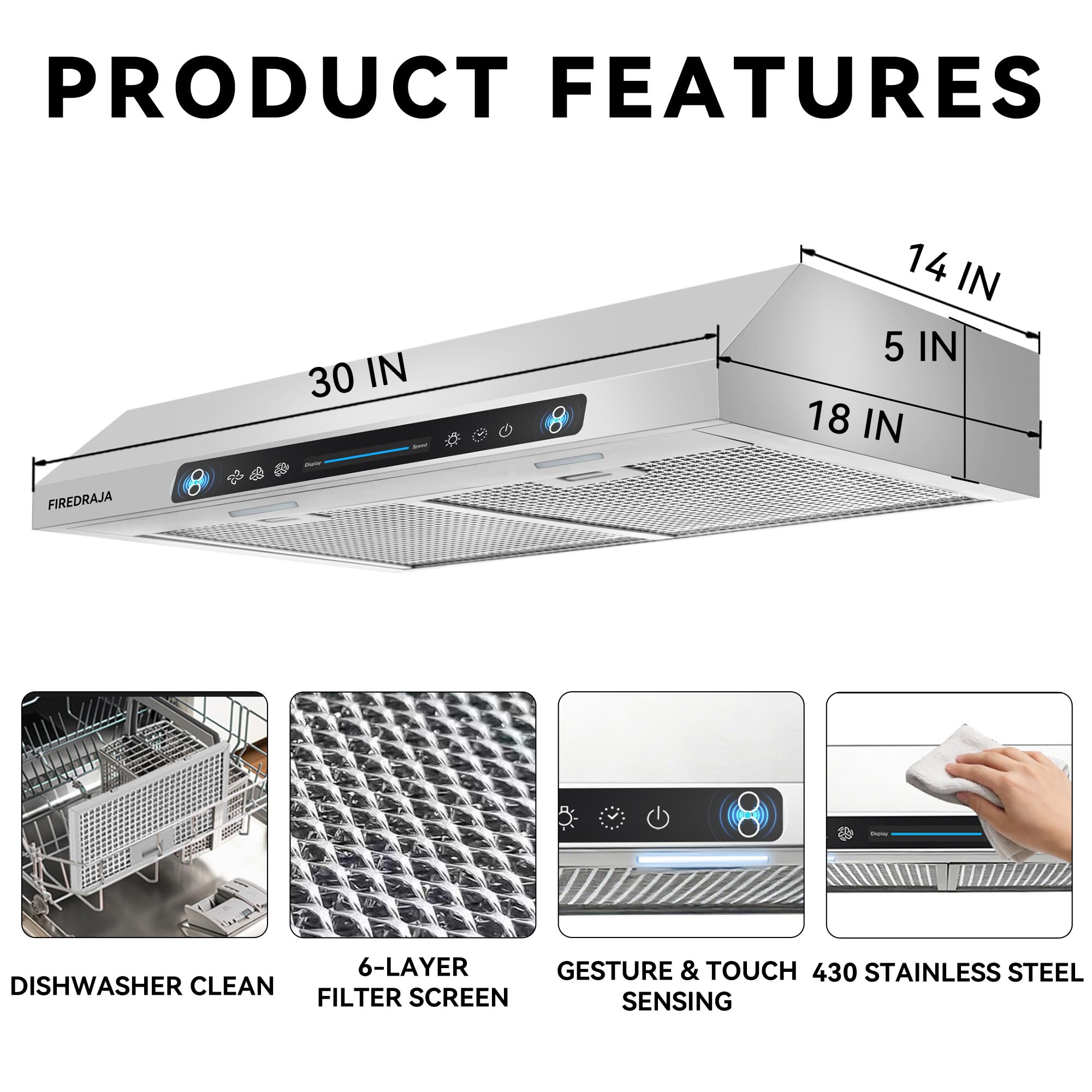 30 Inch Under Cabinet Range Hood |550 CFM Kitchen Vent Hood with Touch & Gesture Control | 3-Speed Quiet Operation | Stainless Steel with LED Lights, Ducted/Ductless convertible - 3