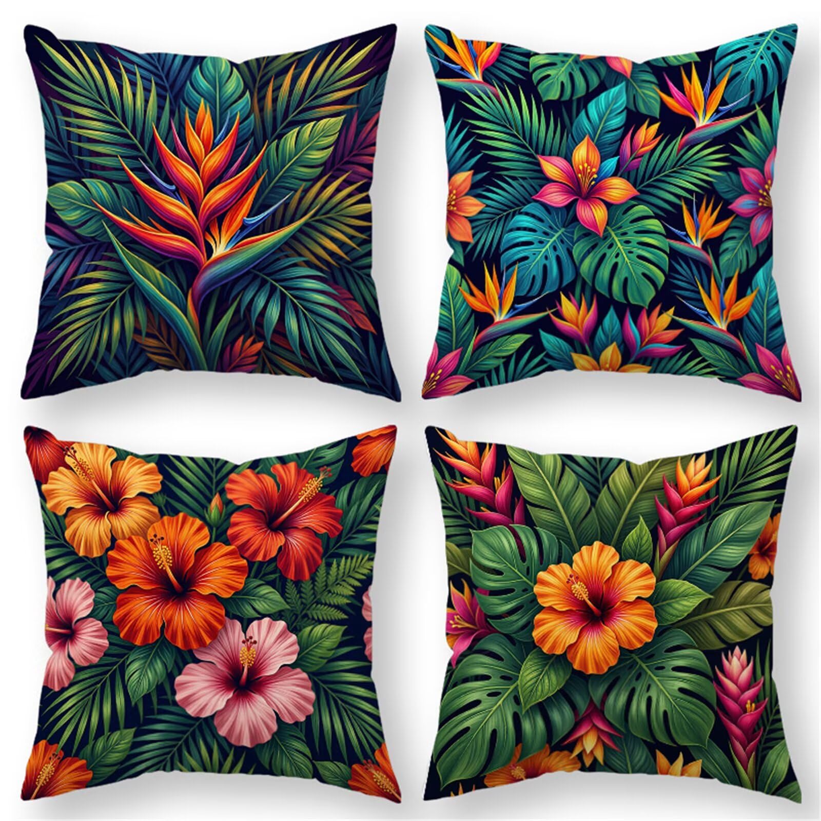 QiHon Cushion Covers 30x30 cm Set of 4 Tropical Leaves Flowers Linen Square Pillow Cases 12x12 inch Modern Decorative Throw Pillow Covers for Sofa Couch Bedroom Home Office with Invisible Zipper