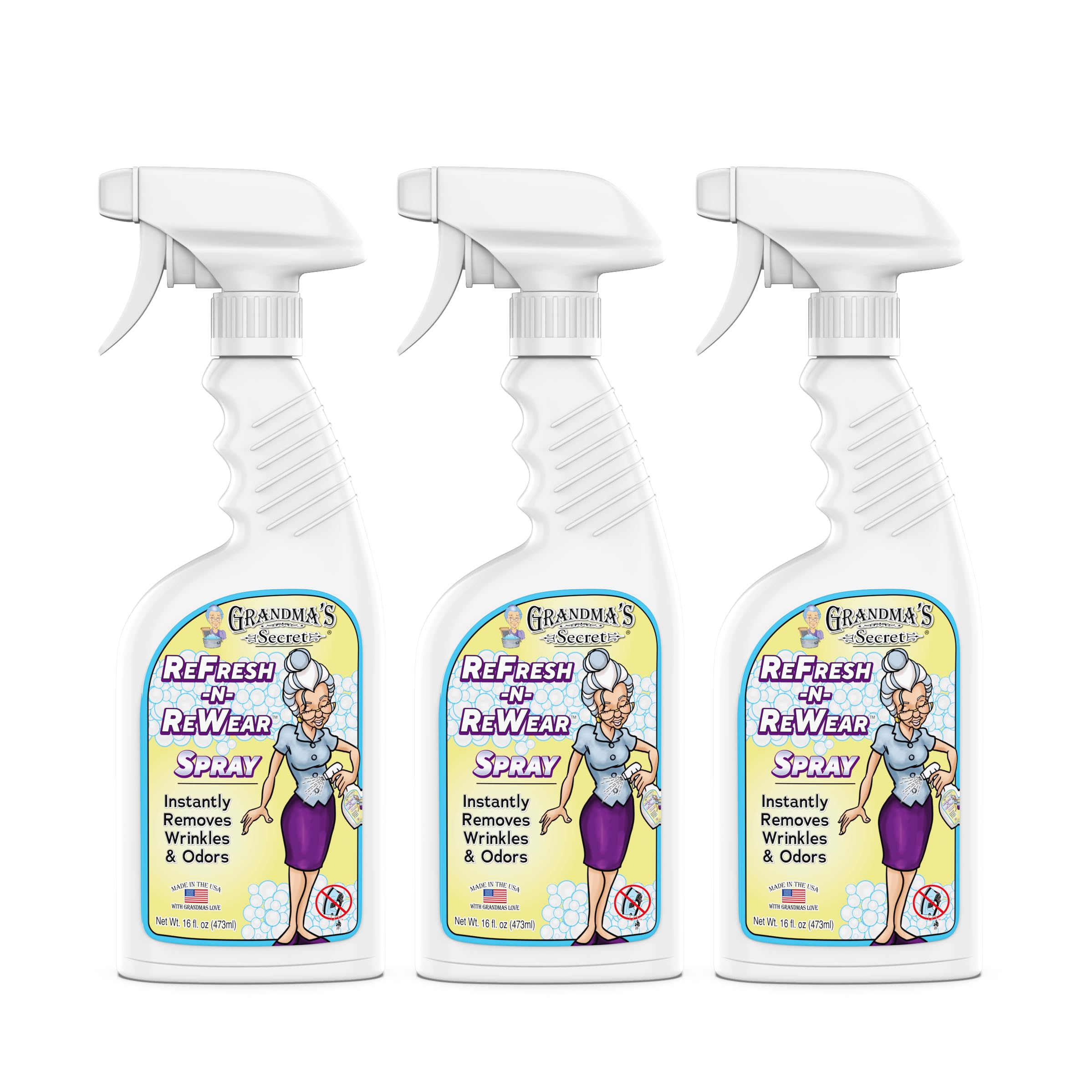 Grandma's Secret Refresh N ReWear Spray - Instantly Removes Wrinkles & Odors - Wrinkle Release, Fabric Refresher Spray, Chlorine, Bleach and Toxin-Free - 16 Ounce, 3 Pack