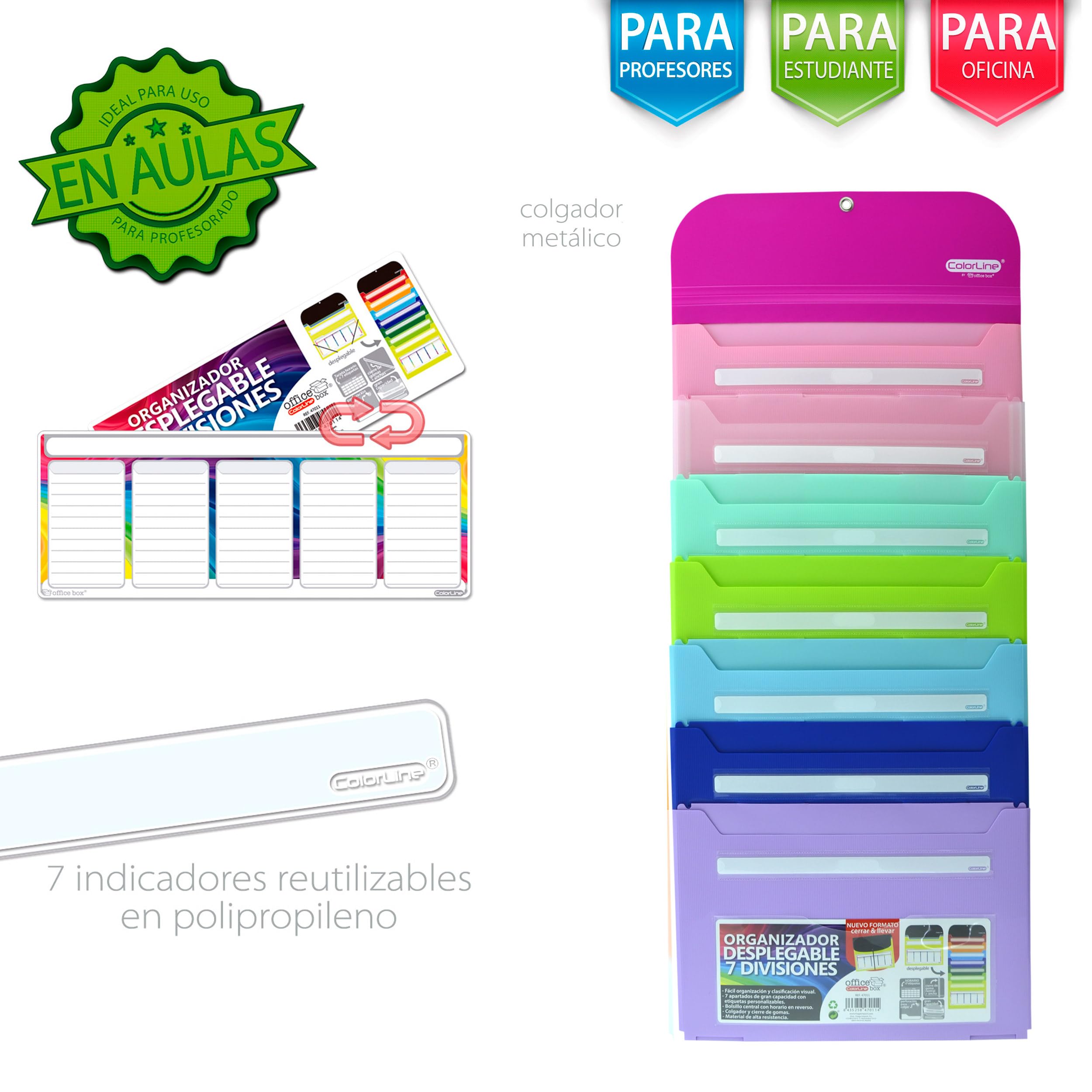 Office Box - Pack Vuelta al Cole: Carpeta de gomas desplegable con 7 departamentos y Colgador metálico, Tarjeta Horario Frontal y Gran Capacidad + Carpeta 4 Anillas 40 mm by Colorline (Fucsia)