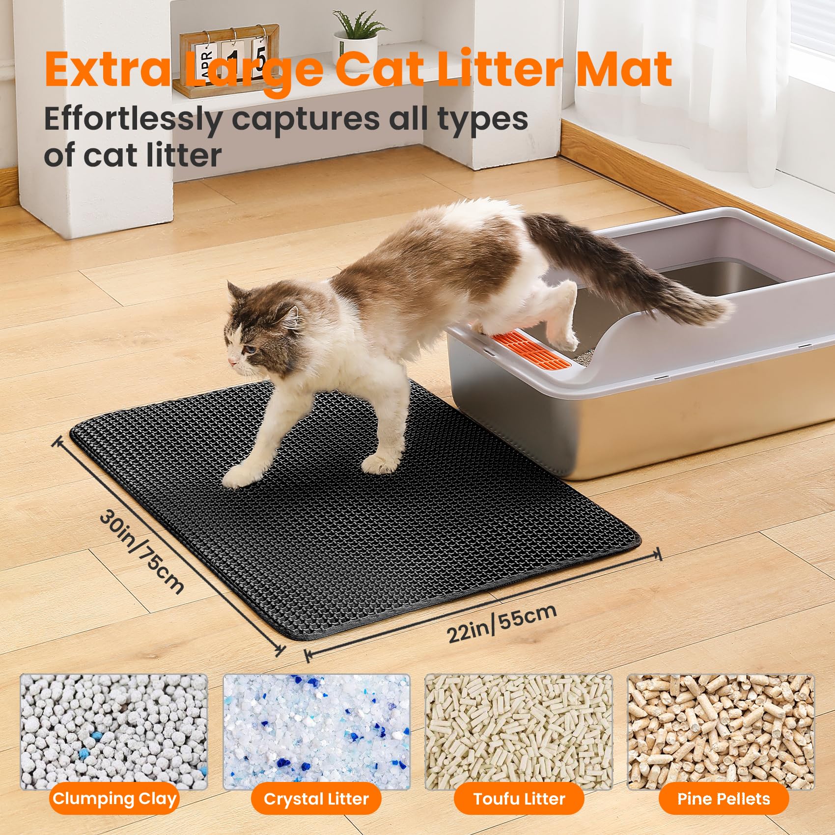 Extra Large Cat Litter Mat, 30x22 Inches Honeycomb Double Layer Cat Litter Trapping Mat, Non Slip Waterproof Urine Proof Large Kitty Litter Box Mat for Floor, Kitten Supplies, XL, Black - image 2