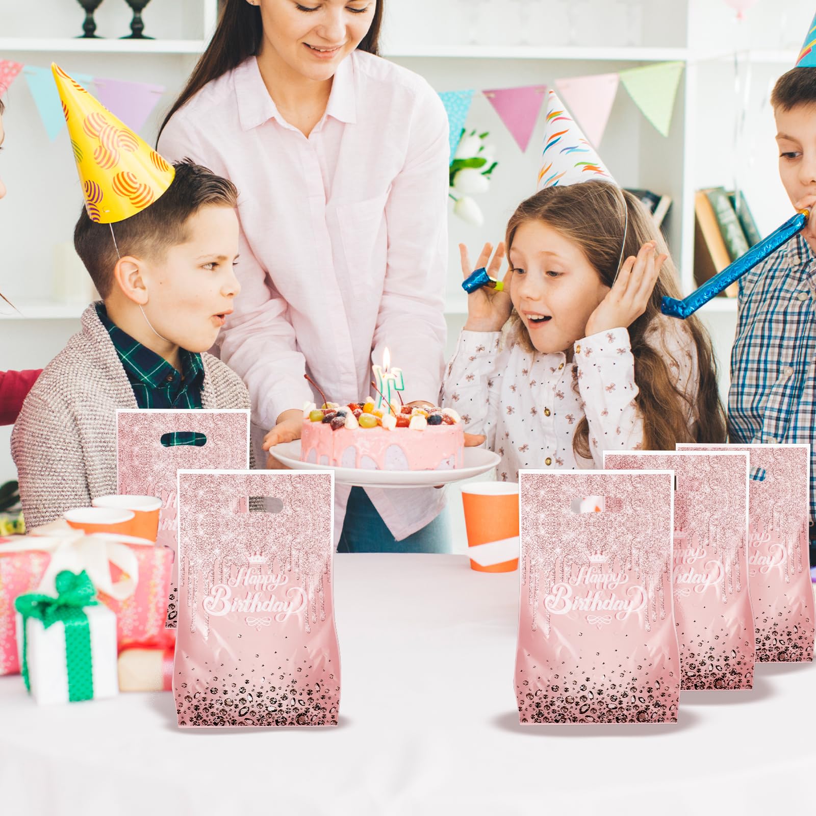 Jeffdad 30 Stück Geburtstagstüten Kinder, Tüten Kindergeburtstag Geschenktüten Kindergeburtstag Plastiktüten für Geburtstagsfeiern Kindergeburtstag Gastgeschenke Mädchen Partytüten(Rosa)