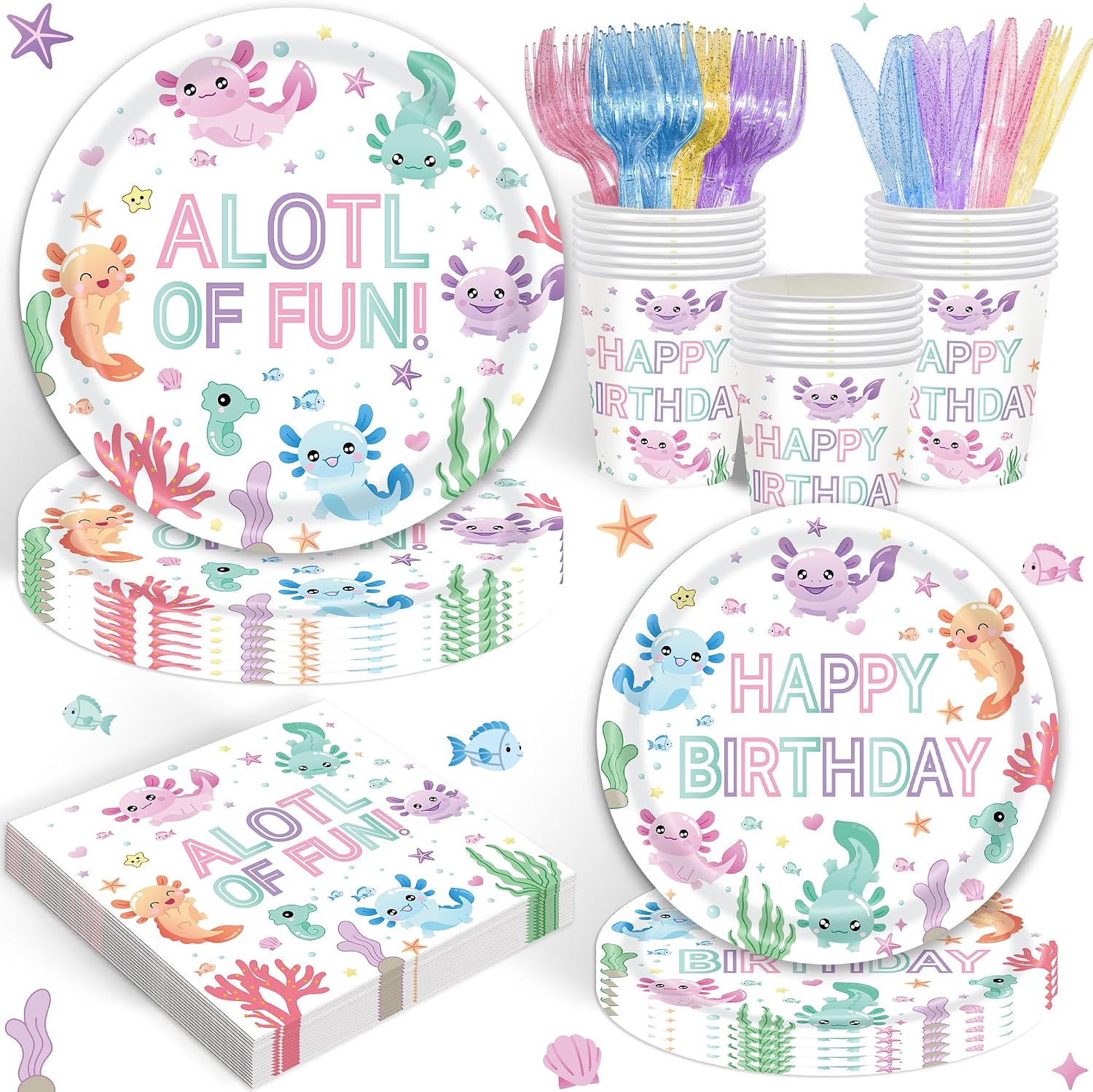 120PCS Axolotl Birthday Party Supplies for Boy Girls Kids alotl of fun Birthday Party Decorations Tableware Set Plates Napkins Cups Set for 20 Guests
